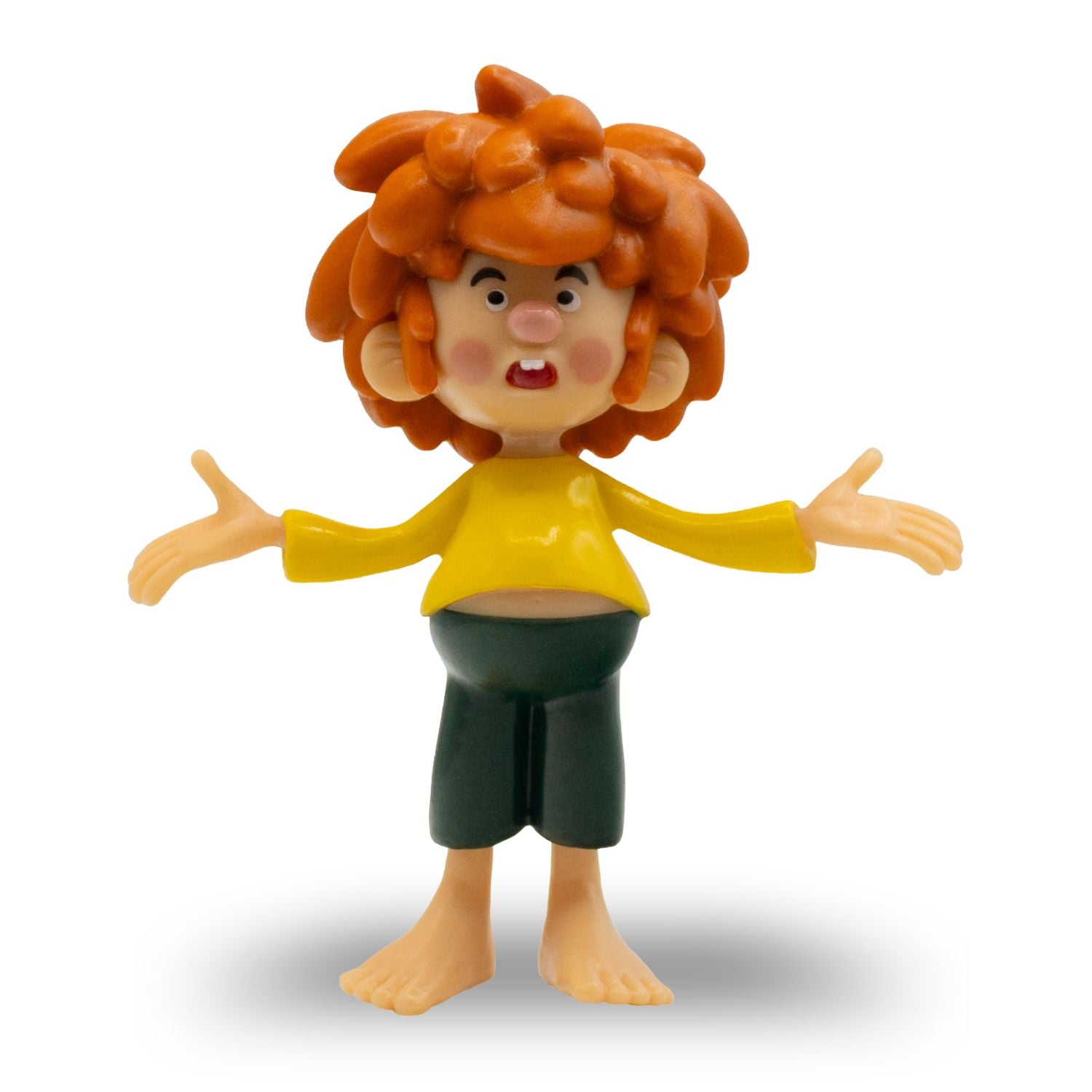 Pumuckl Figur fragend 7 cm, mit roten Haaren, gelbem Oberteil, grüner Hose und ausgebreiteten Armen