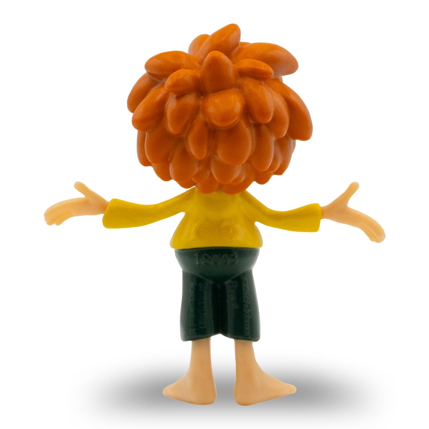 Rückansicht der Pumuckl-Figur "Fragend" mit rotem Haar, gelbem Oberteil und grüner Hose, 7 cm groß