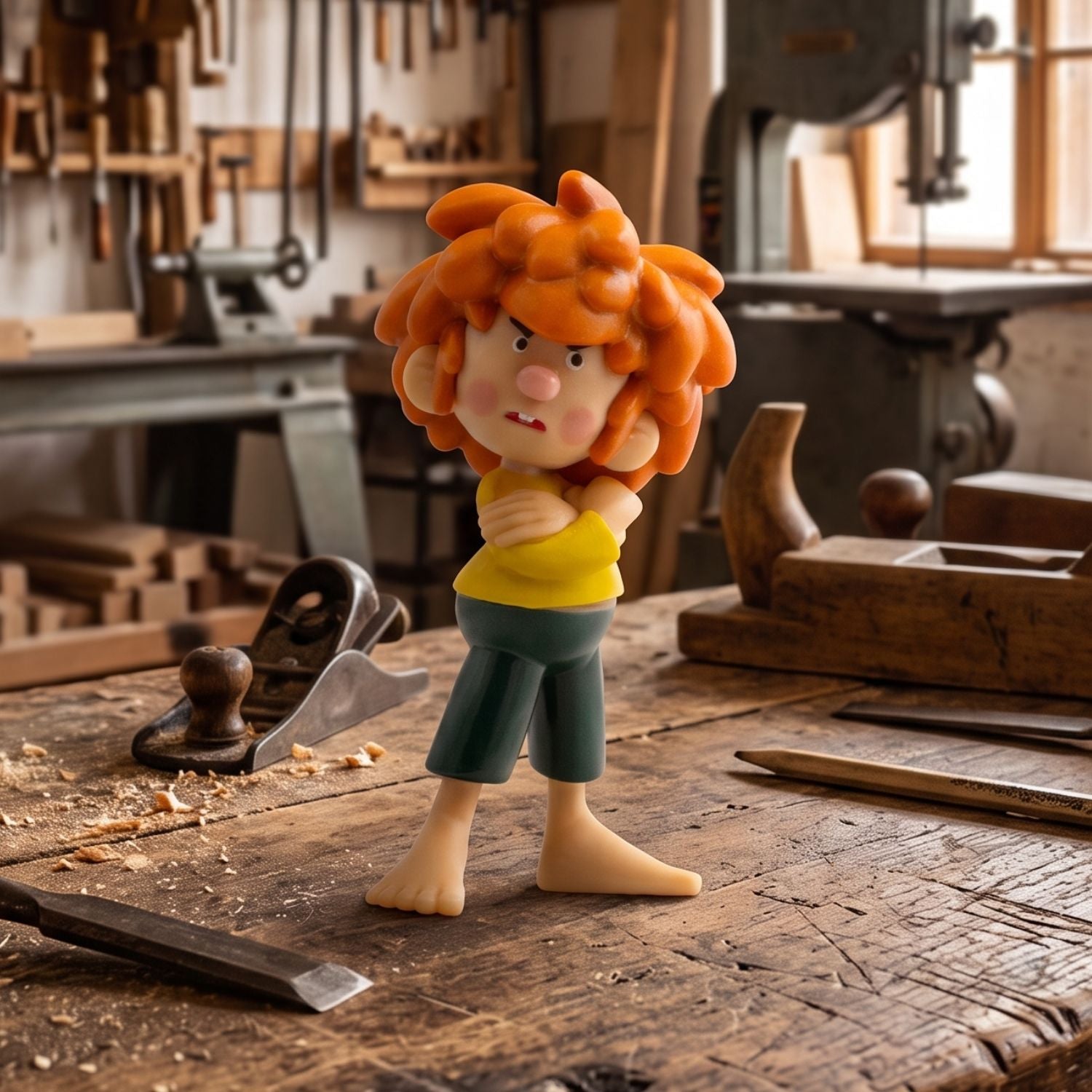 Pumuckl Figur "Grantler" 7 cm, gelbes Hemd, grüne Hose, stehend auf Werkbank.