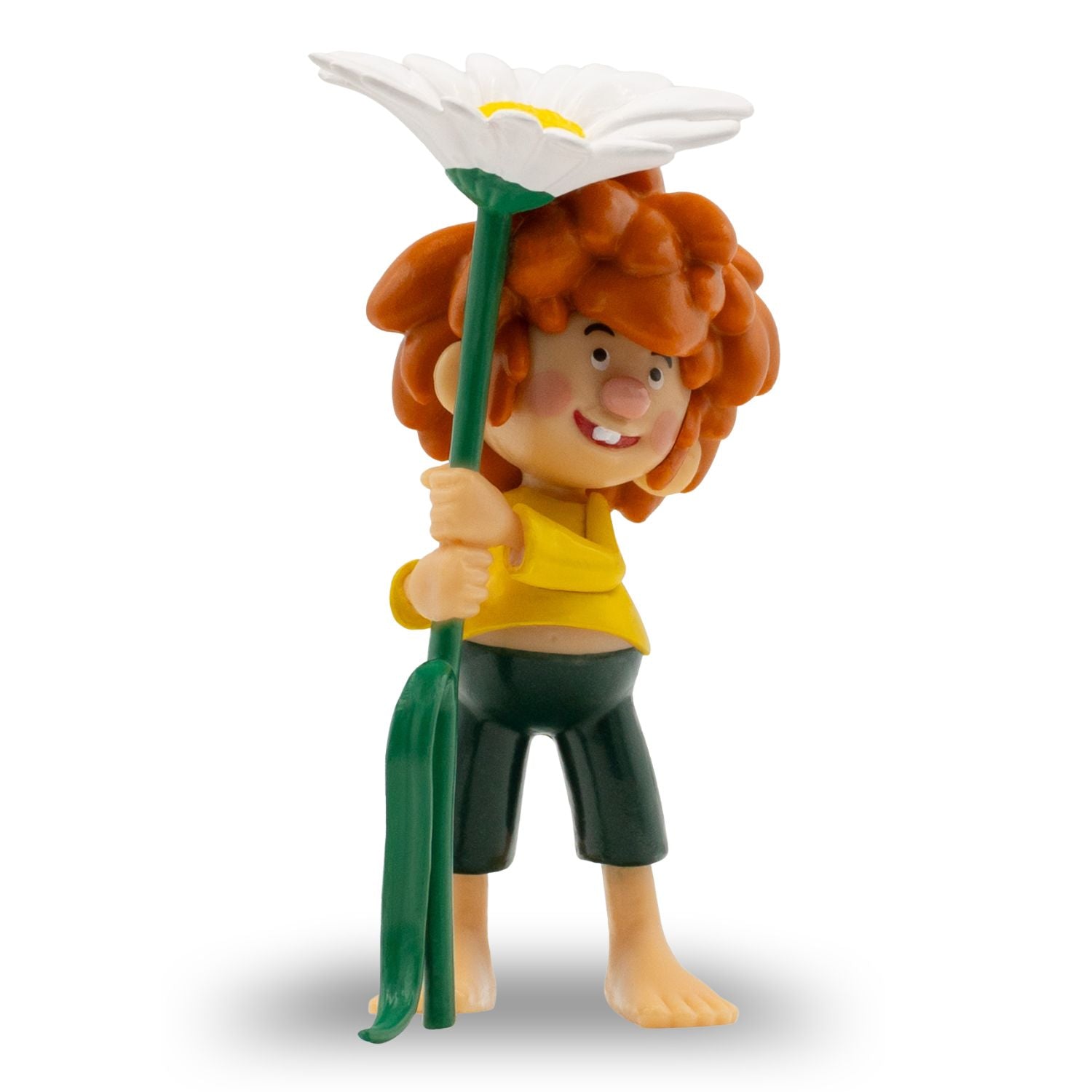 Pumuckl-Figur 8 cm, blumiges Design, mit großer weißer Gänseblümchenblume über dem Kopf haltend.