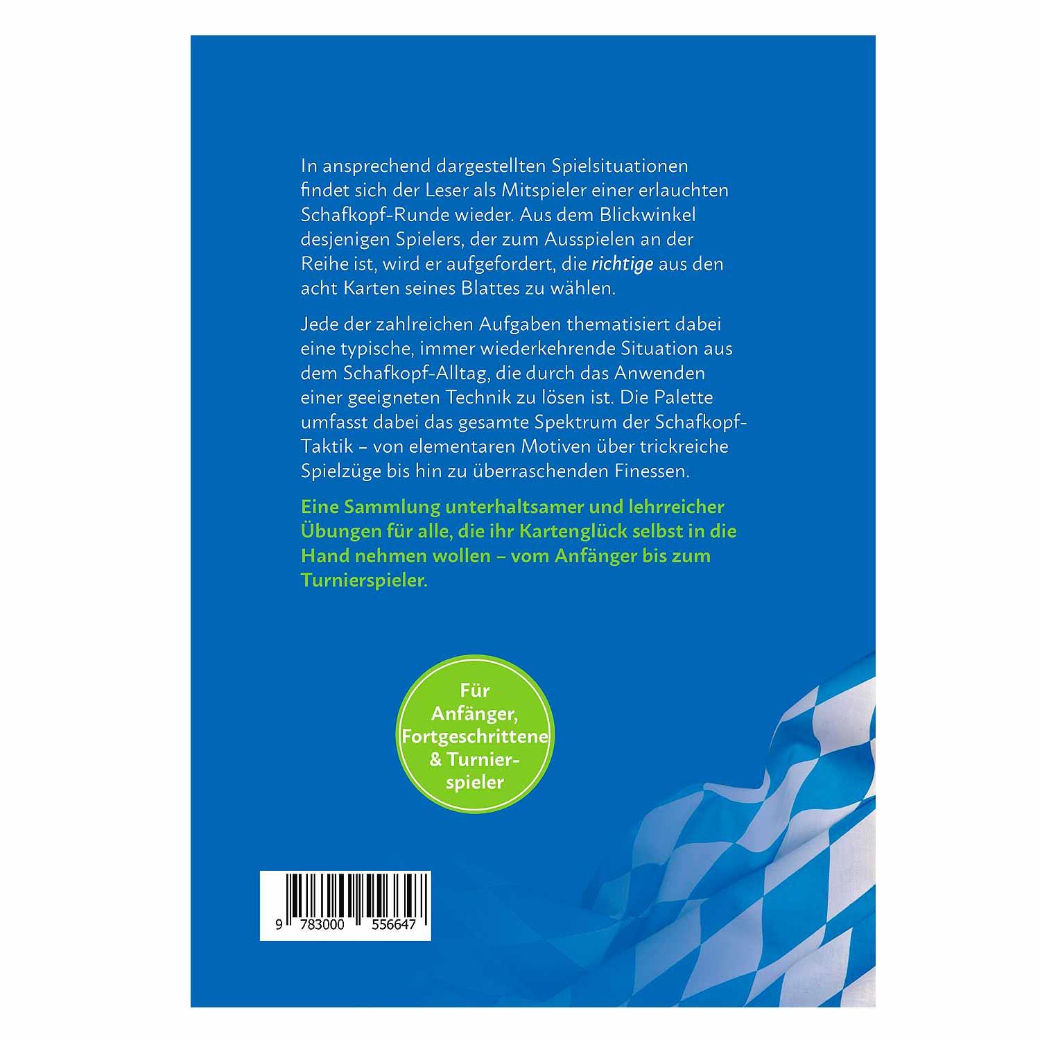 Buch „Schafkopf: Mit Taktik zum Erfolg – Band 1“ mit Kartenspielfeld-Motiv und rotem Titel auf weißem Cover.