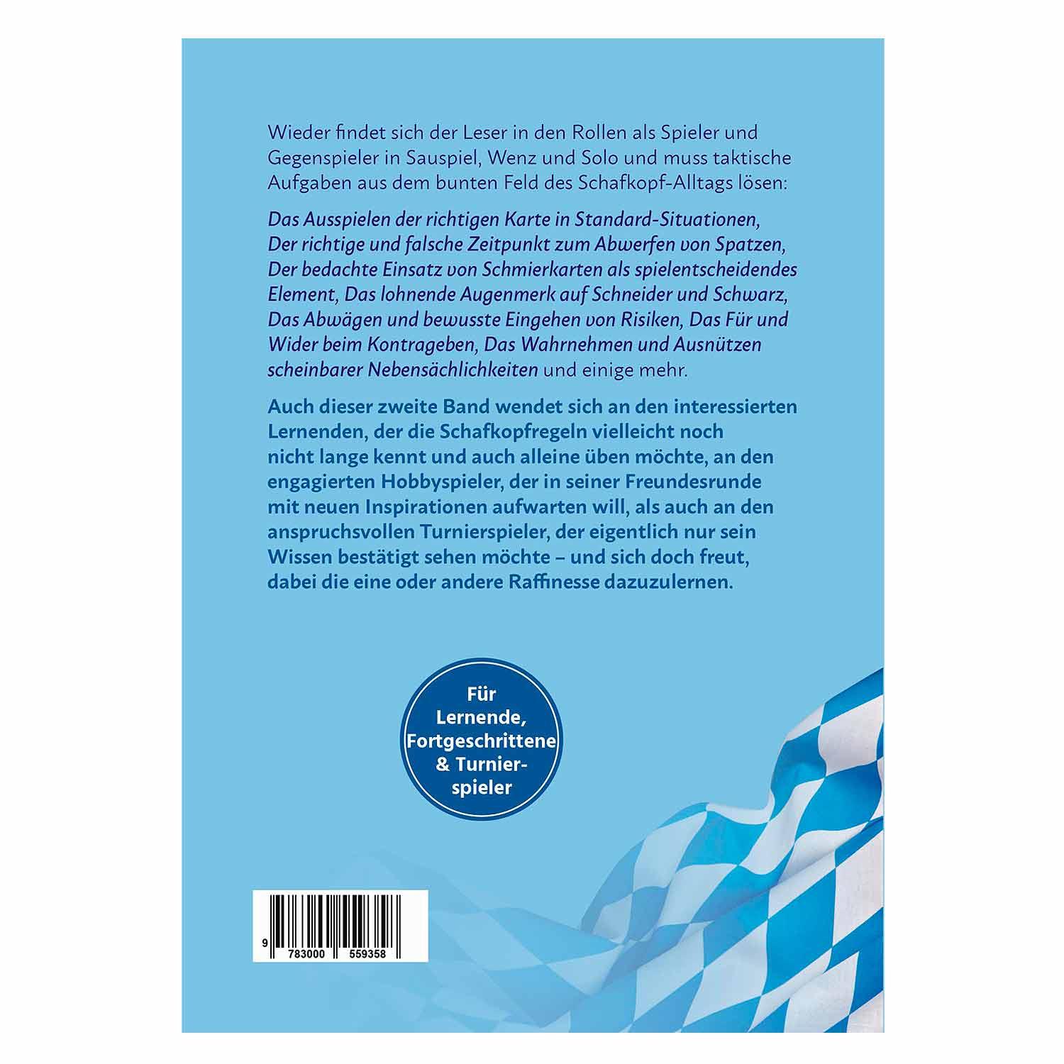 Buch „Schafkopf: Mit Taktik zum Erfolg – Band 2“ mit rotem Einband und gelbem Titelaufdruck in Großbuchstaben.