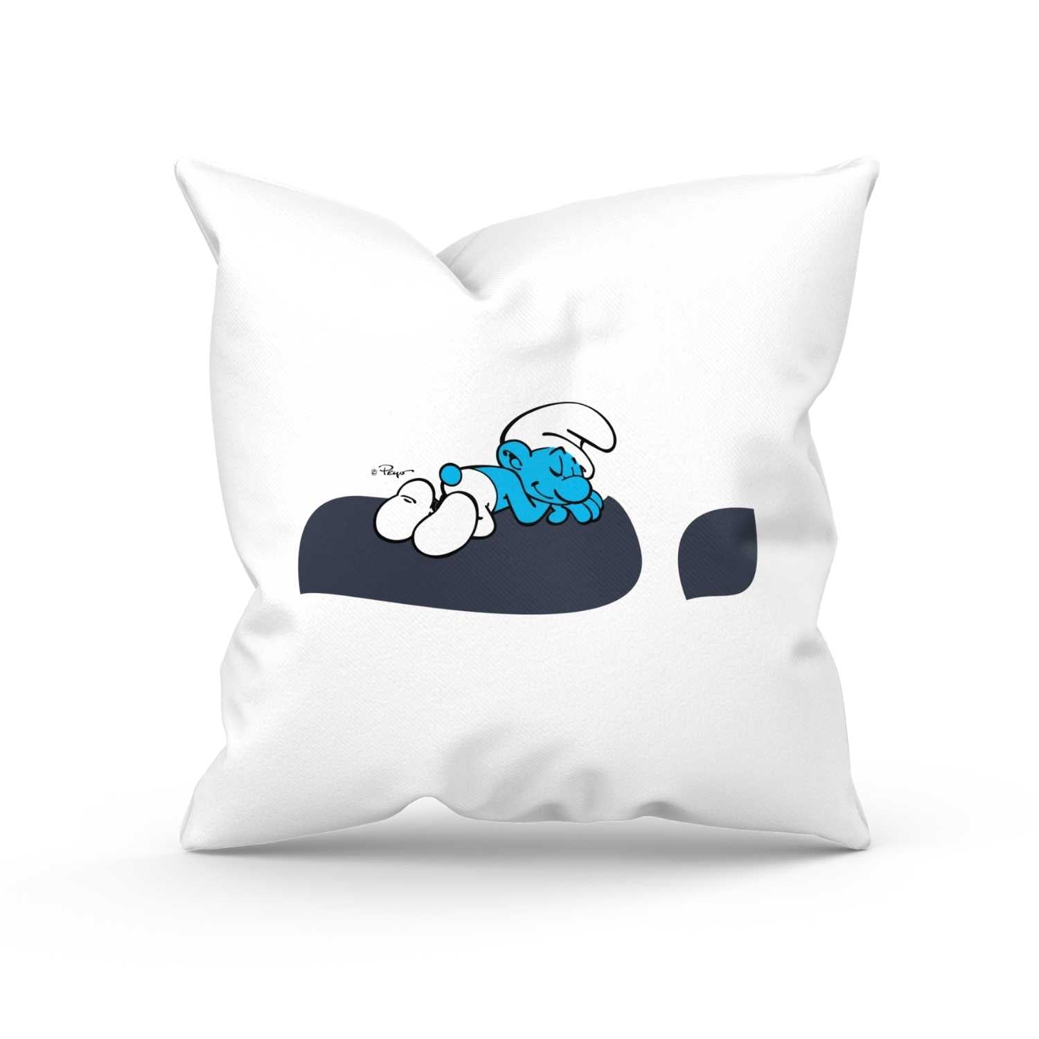 Die Schlümpfe Ausruhezeichen Kuschelkissen: Weißes Kissen mit schlafendem Schlumpf auf dunklem Wolkensymbol.