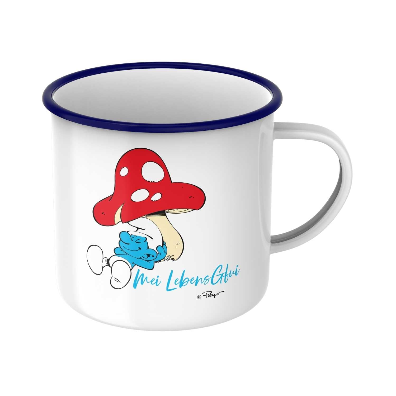 ®Die Schlümpfe Emailletasse Do legst di nieda mit Schlumpf unter rotem Pilz und blauem Rand