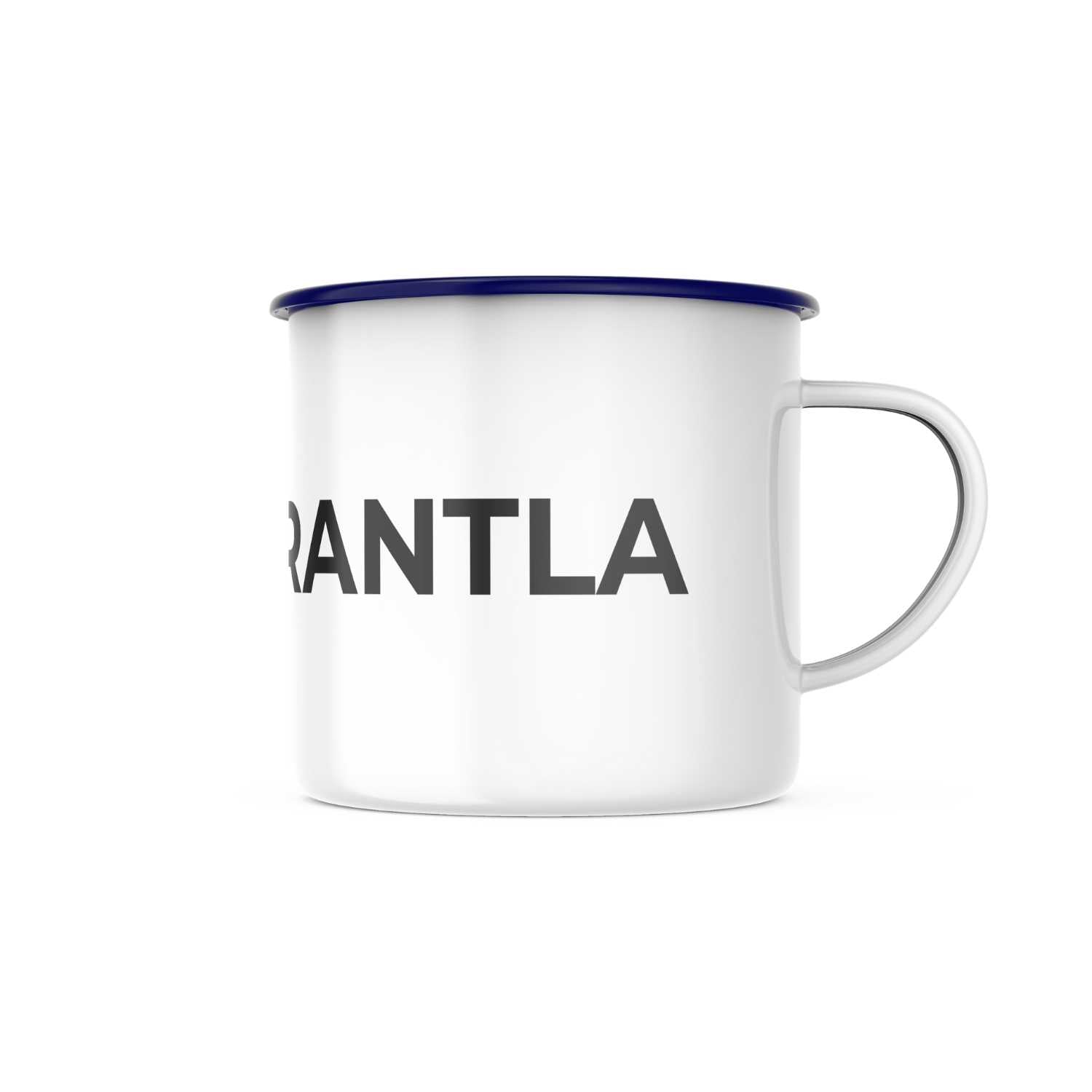 Weiße Schlümpfe Emailletasse Grantla mit blauer Umrandung und schwarzer Aufschrift auf weißem Hintergrund.