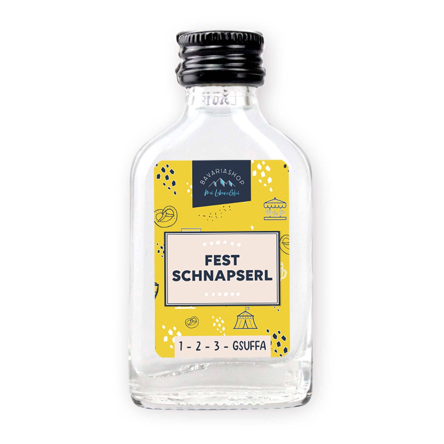 Klarer Obstler mit 38 % vol. Alkohol in transparenter Mini-Glasflasche mit blau-weißem Etikett, 20 ml Inhalt.