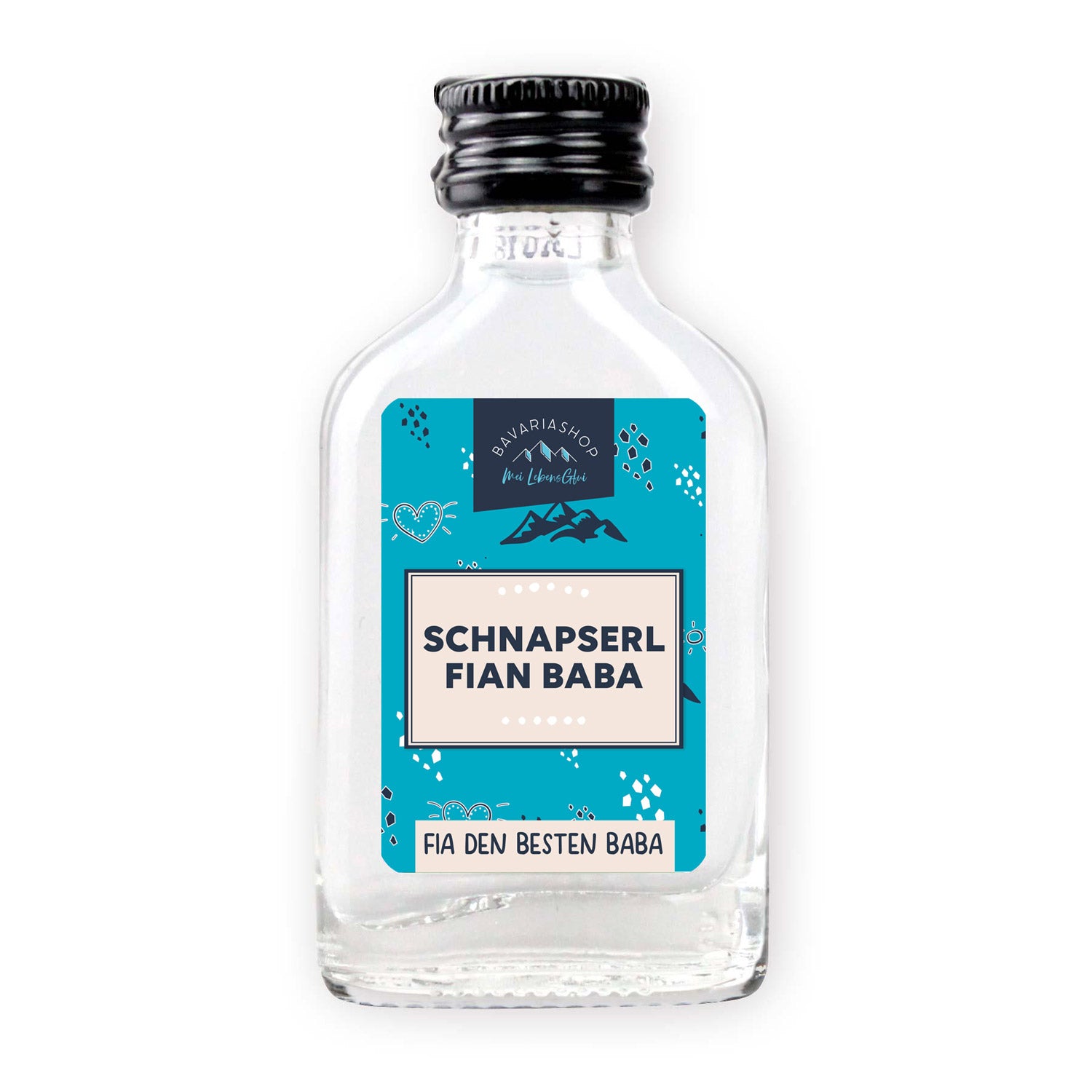 Kleines Fläschchen Obstler mit dem Schriftzug „Schnapserl fian Baba“, klarer Inhalt, 20 ml, 38 % vol.