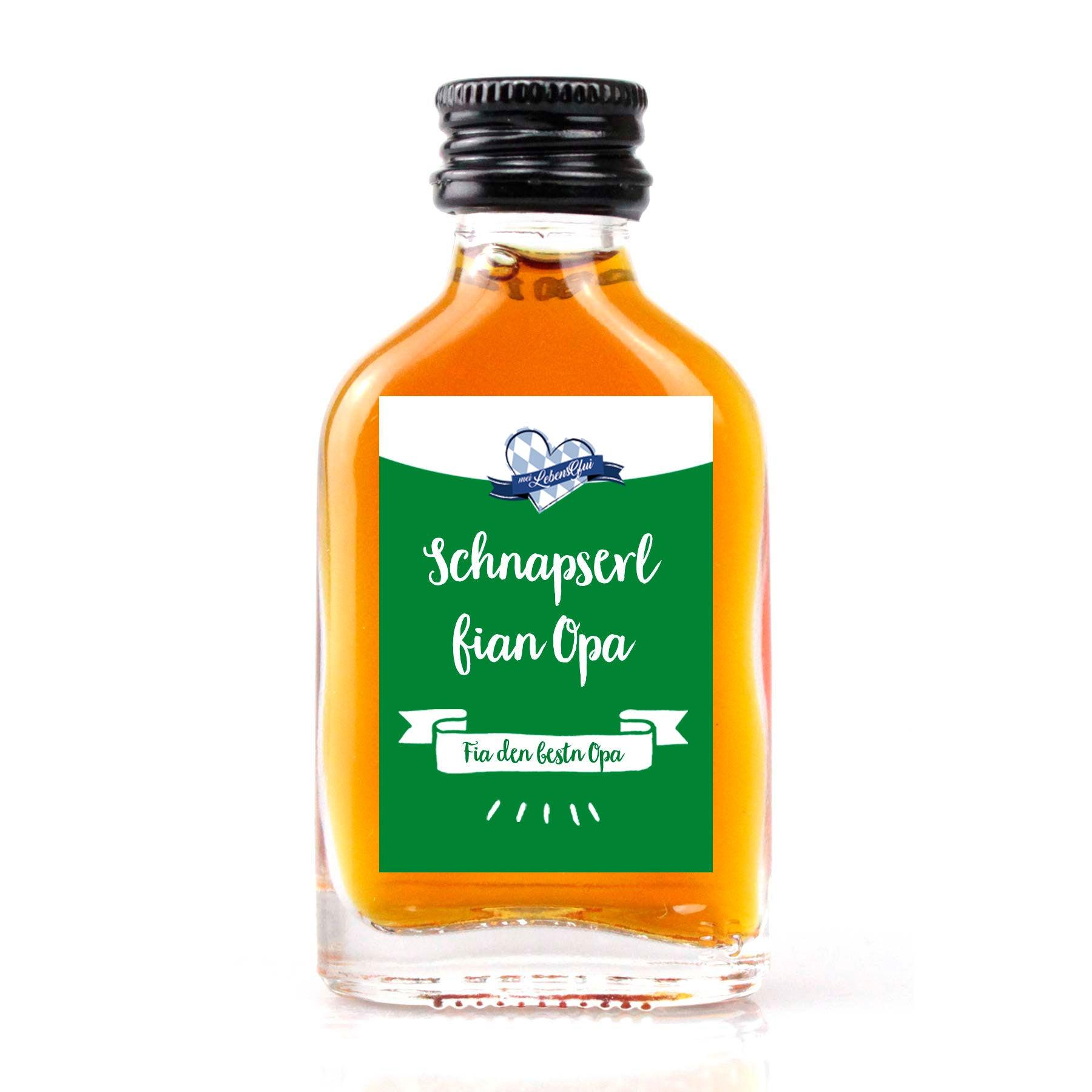 Kleines Schnapserl mit 20 ml Kräuterlikör, 30 % vol., Motiv-Schriftzug „Schnapserl fian Opa“ auf dem Etikett.