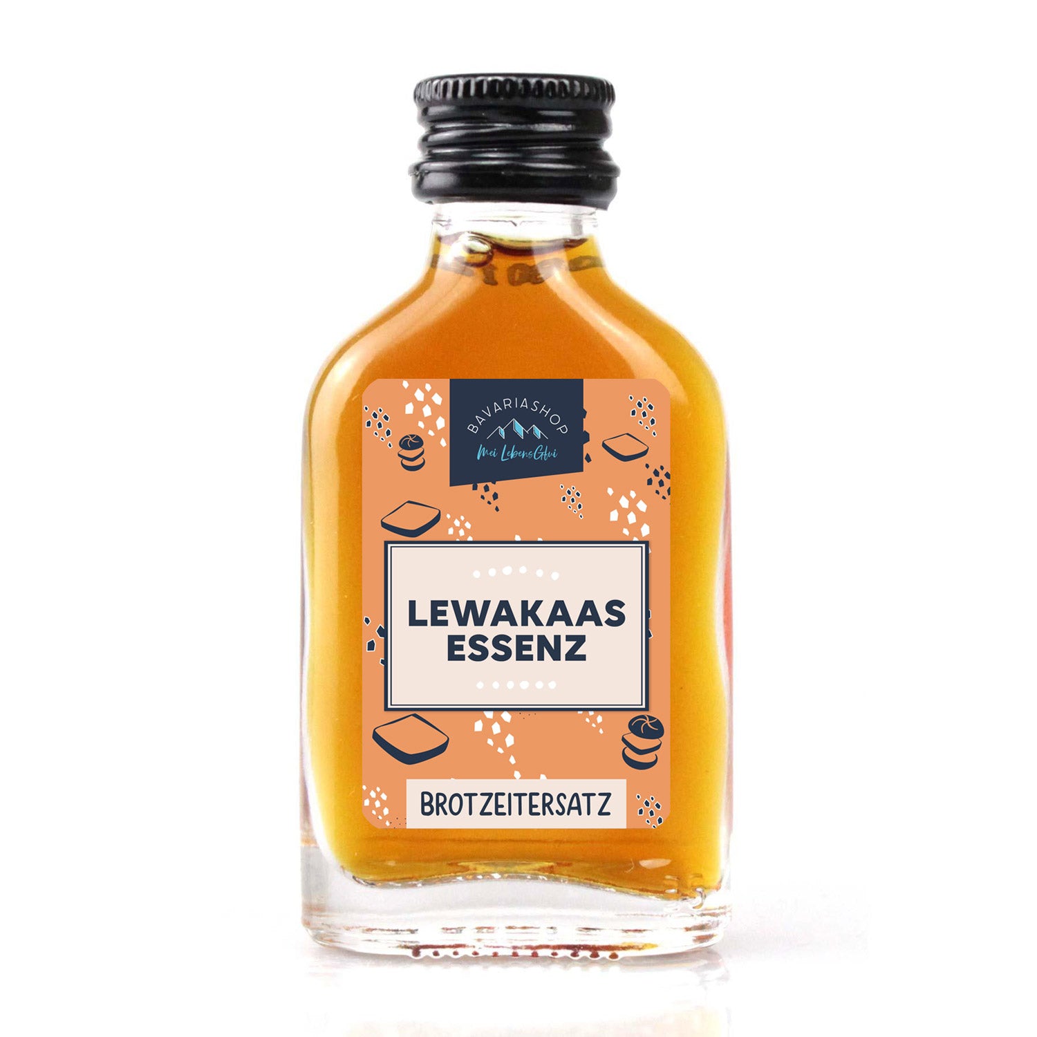 Kräuterlikör mit 30 % vol. in transparenter 2cl-Glasflasche, goldbraune Farbe, Etikett mit rotem Schriftzug "Lewakaas Essenz"