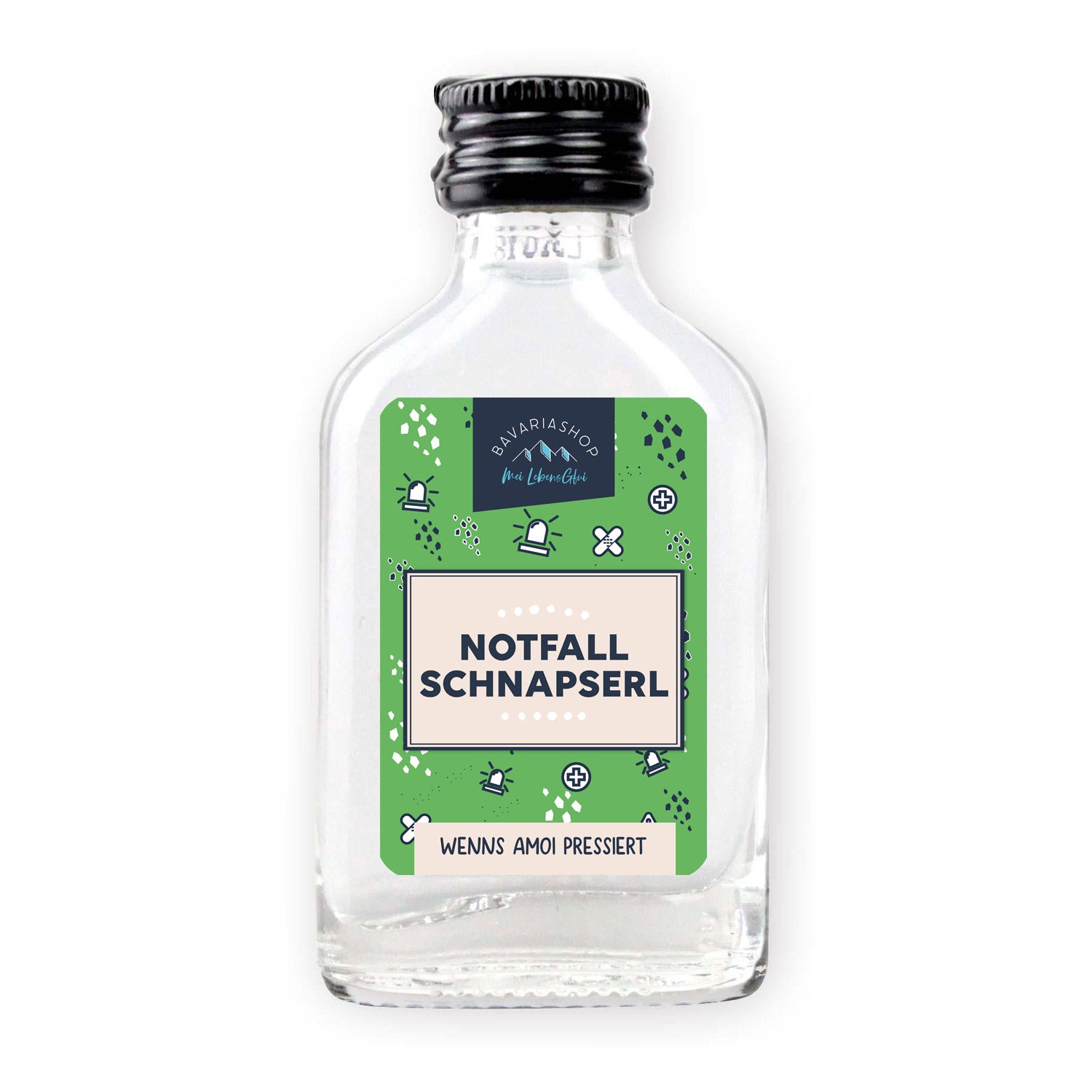 Kleine Obstler-Flasche mit rotem Kreuz-Motiv und Schriftzug „Notfall Schnapserl“, 2 cl, 38 % vol. Obstbrand.