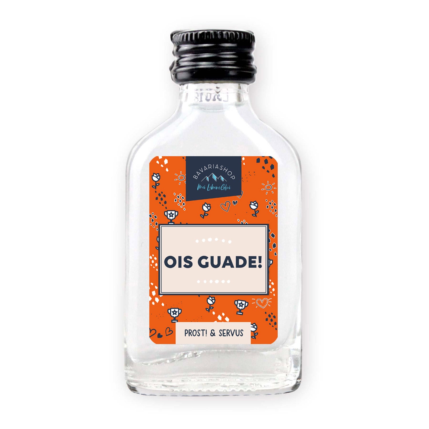 Obstler in Mini-Flasche mit Aufdruck „Ois Guade“, klarer Inhalt, 38 % vol., 20 ml, rechteckige Form.