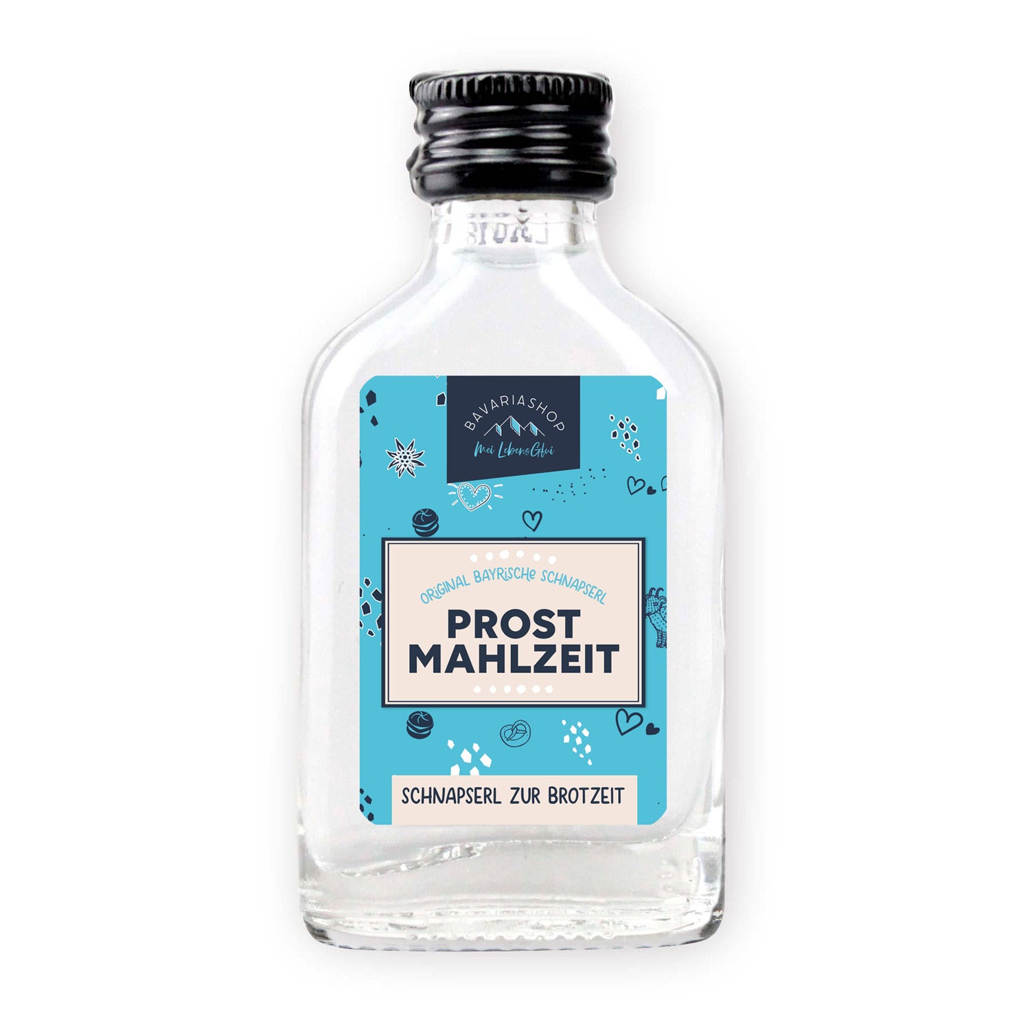 Klarer Mini-Schnaps in transparenter Kunststoffflasche mit Aufdruck „Prost Mahlzeit!“, Obstler, 38 % vol., 20 ml.