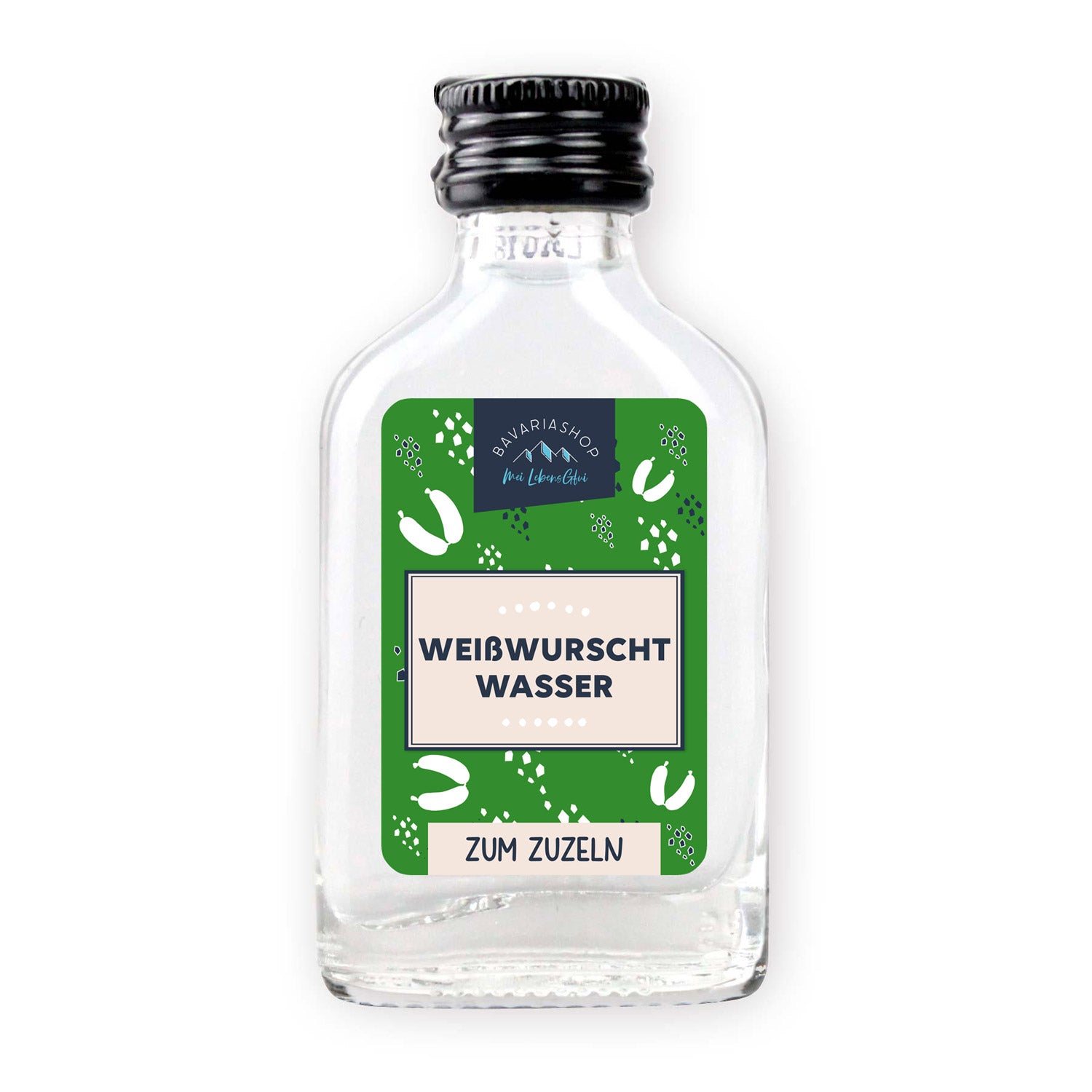 Klarer Obstbrand in Mini-Glasflasche mit weiß-blauem Etikett und Schriftzug „Weißwurschtwasser“, 2cl Inhalt.