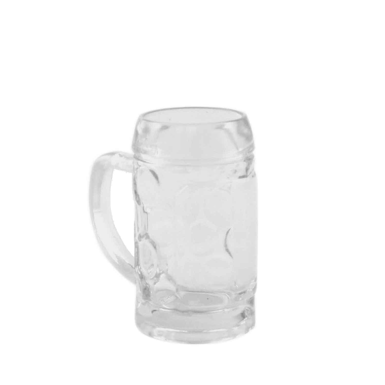 Klares Schnapsglas in Miniatur-Maßkrugform mit Henkel, 50 ml Volumen, transparentes Glas, 60 mm hoch.