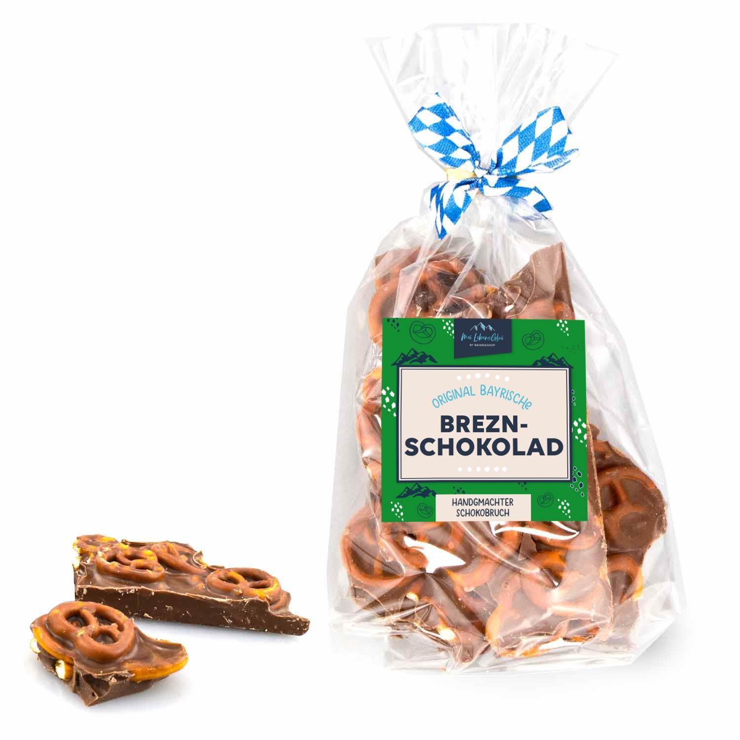 Handgemachte Vollmilch-Bruchschokolade mit ganzen, goldbraunen Mini-Salz-Brezeln, unregelmäßig gebrochen, 150 g.