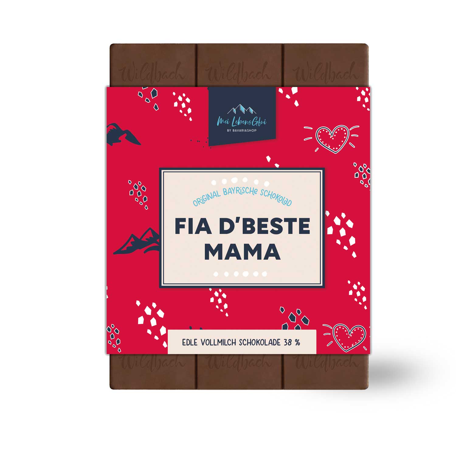 Handgeschöpfte Vollmilchschokolade mit geprägtem Schriftzug „Fia d'beste Mama“, rechteckig, 70 g, hergestellt in Bayern.