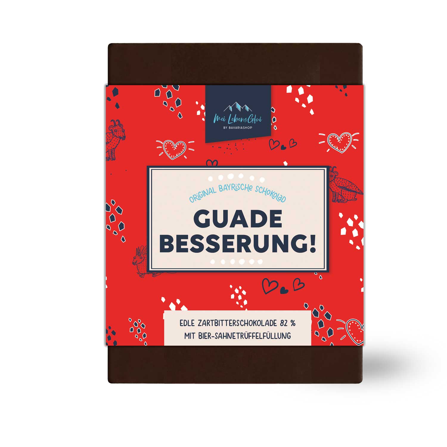 Edle Bitterschokolade in rechteckiger Form mit Bier-Sahnetrüffelfüllung, handgeschöpft, 70 g, hergestellt in Bayern.