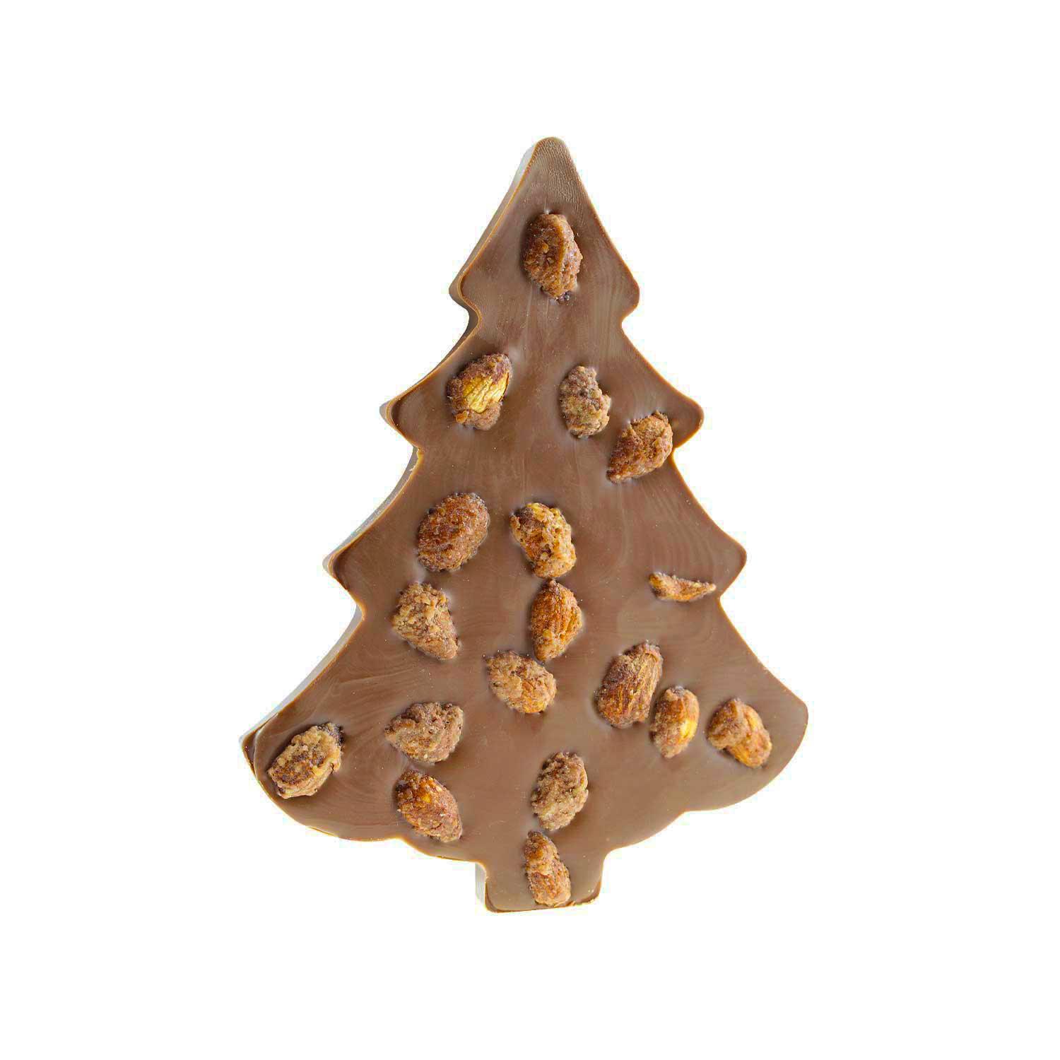Tafel-Vollmilchschokolade in Tannenbaumform mit handgerösteten gebrannten Mandeln, winterlich verziert, 100 g.