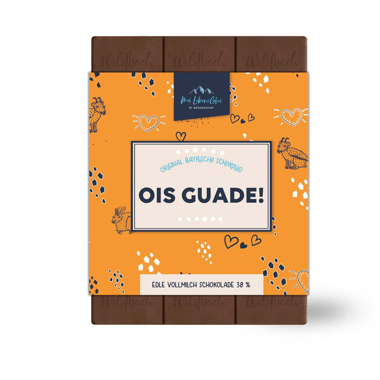 Handgeschöpfte Vollmilchschokolade in Tafel-Form mit geprägtem Schriftzug „Ois Guade“, hergestellt in Bayern, 70 g.