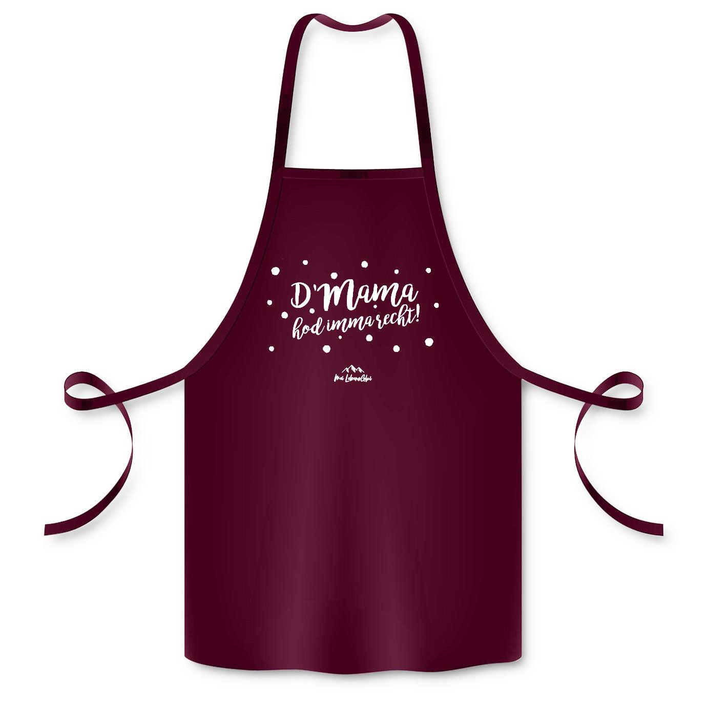Kochschürze mit Brustband und zentralem Schriftzug „D'Mama hod imma recht!“, aus 100 % Bio-Baumwolle, ca. 60 × 87 cm.