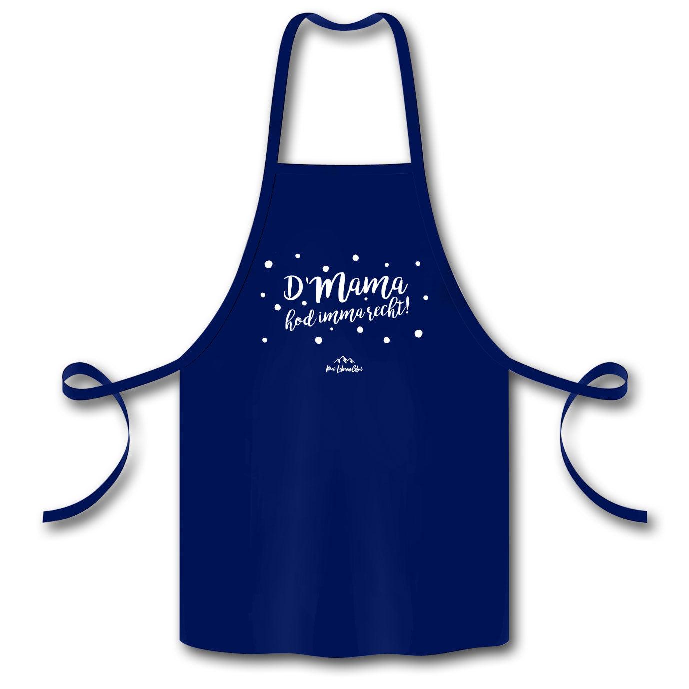 Schürze mit mittig platziertem Schriftzug „D'Mama hod imma recht!“, mit Nackenband und aus Bio-Baumwolle.