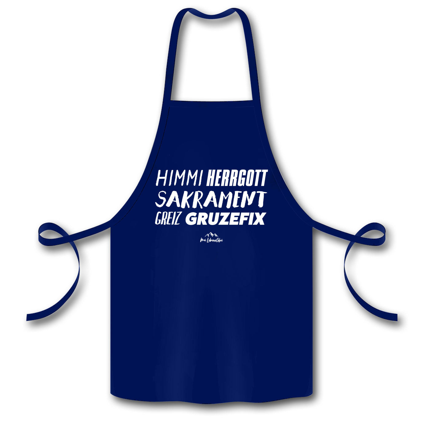 Kochschürze mit großflächigem „Himmiherrgottsakrament...“-Schriftzug, 100 % Bio-Baumwolle, ca. 60 × 87 cm.