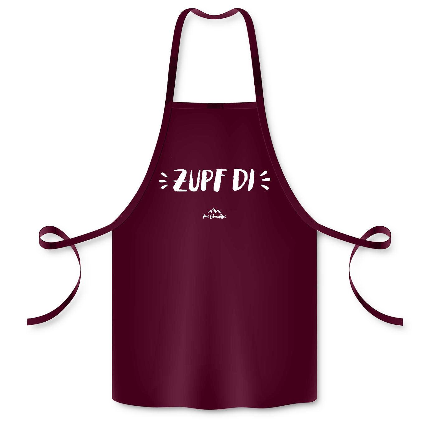 Schürze mit großflächigem „Zupf di“-Schriftzug im modernen Design, aus 100 % Bio-Baumwolle, ca. 60 × 87 cm