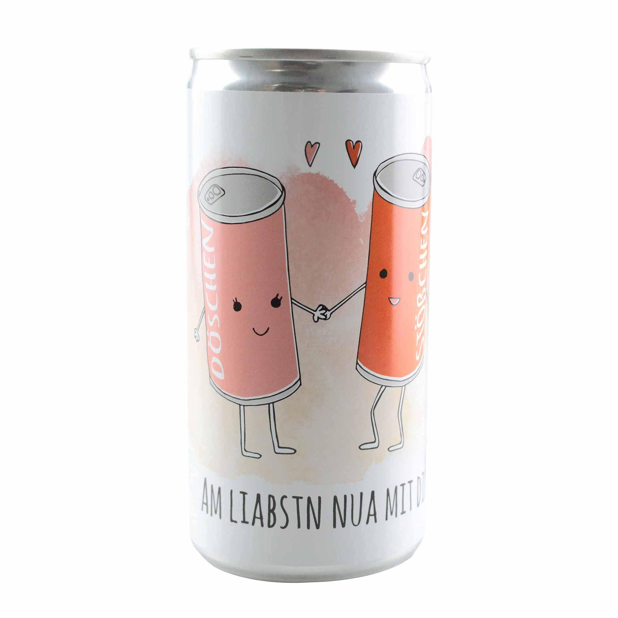Perlwein in schlanker Aluminiumdose mit rosa Grundton und weißem Schriftzug „Am liabstn nua mit Dir!“, 200 ml.