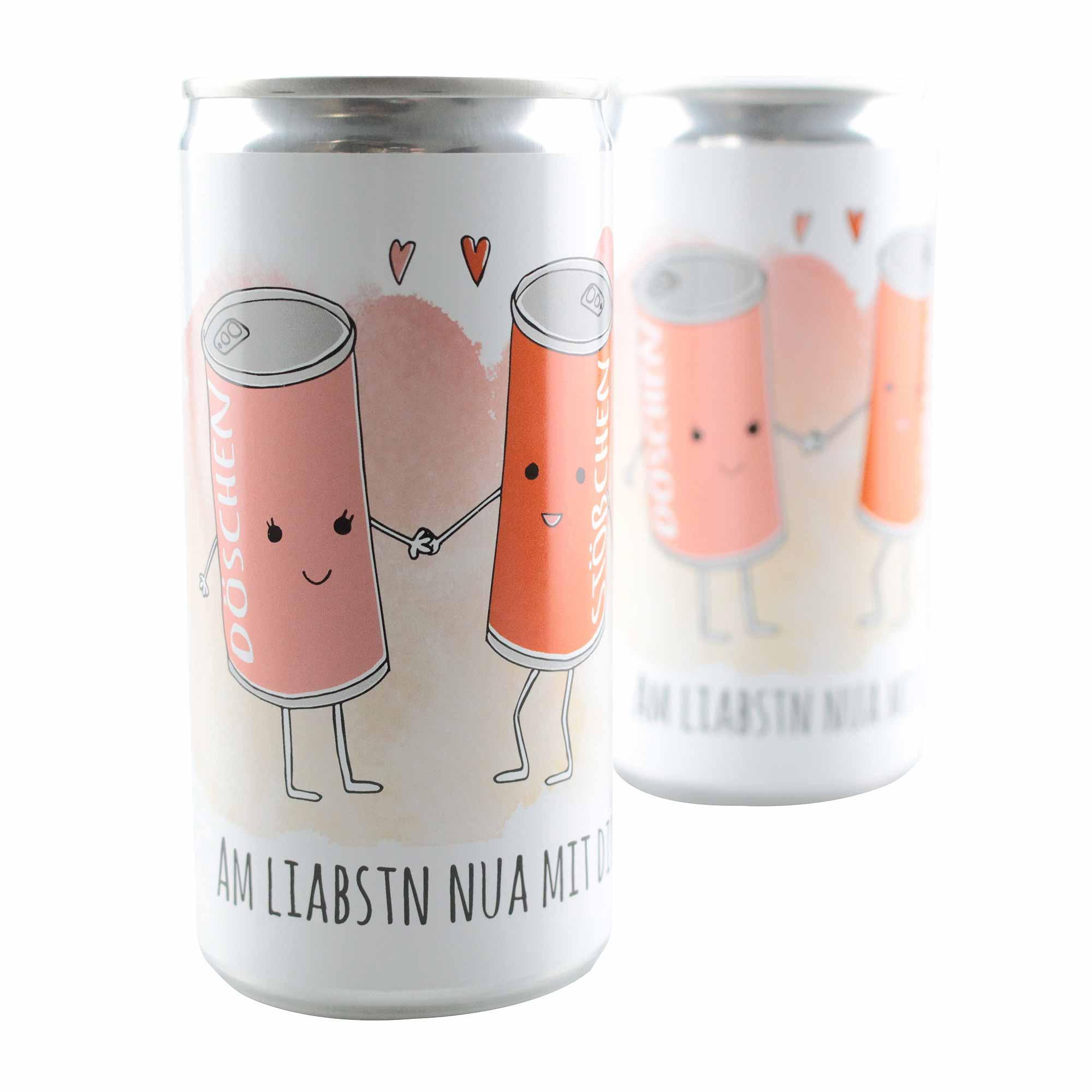 Perlwein in schlanker Aluminiumdose mit bayrischem Schriftzug „Am liabstn nua mit Dir!“, Inhalt 200 ml.