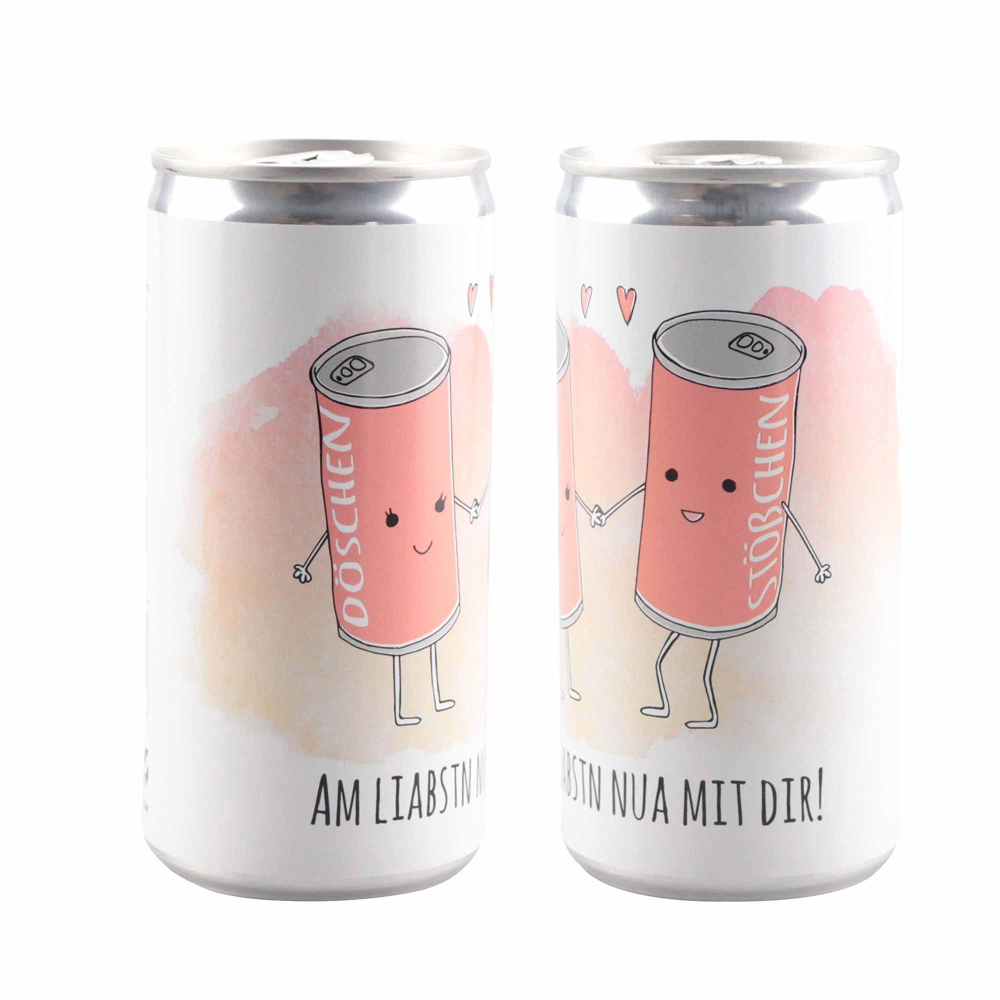 Perlwein in schlanker Aludose mit rosafarbener Oberfläche und Aufschrift „Am liabstn nua mit Dir!“, 200 ml.