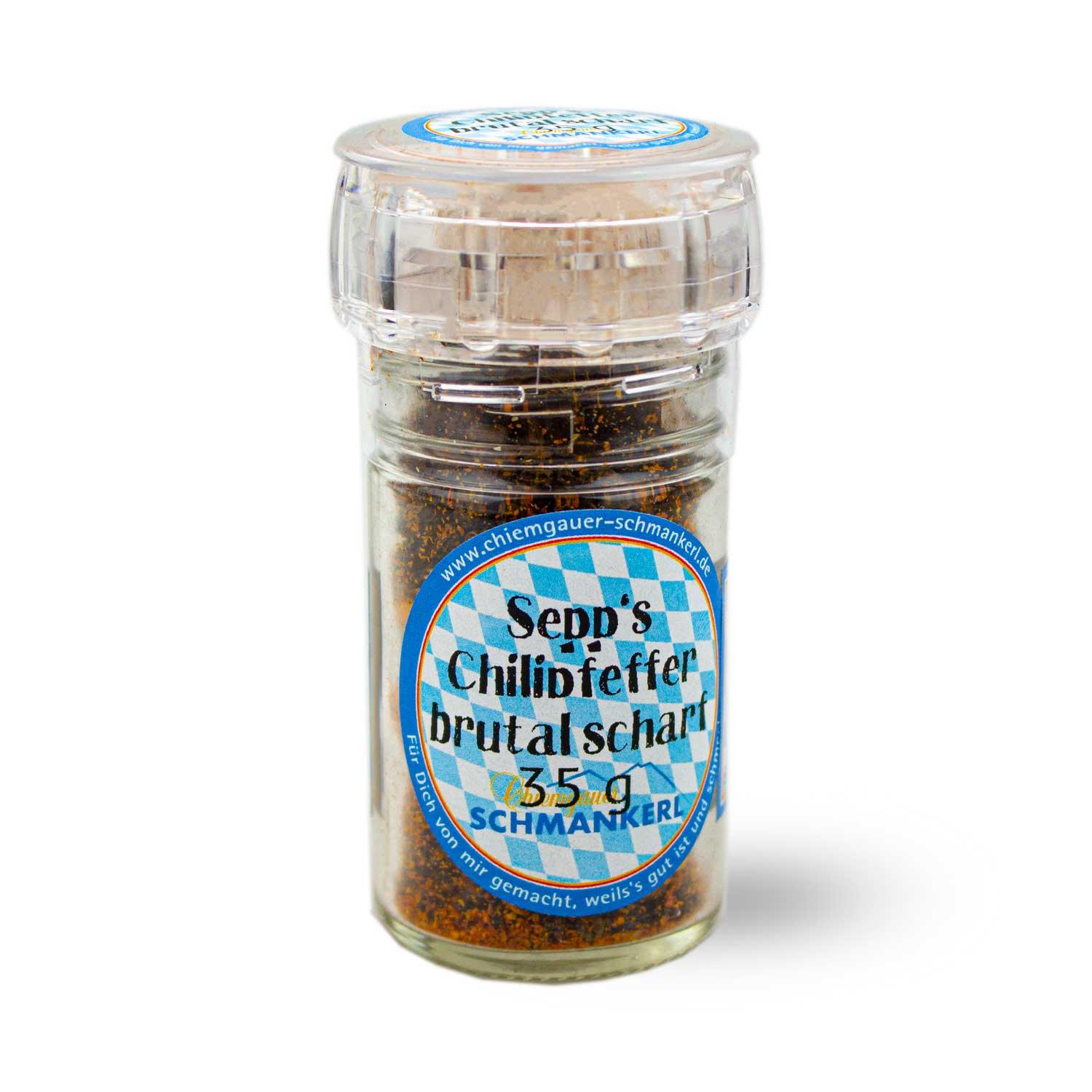 Grobe Chilipfeffer-Mischung in transparenter Mühle mit roter, schwarz-weißer Etikettierung, Inhalt 35 g.