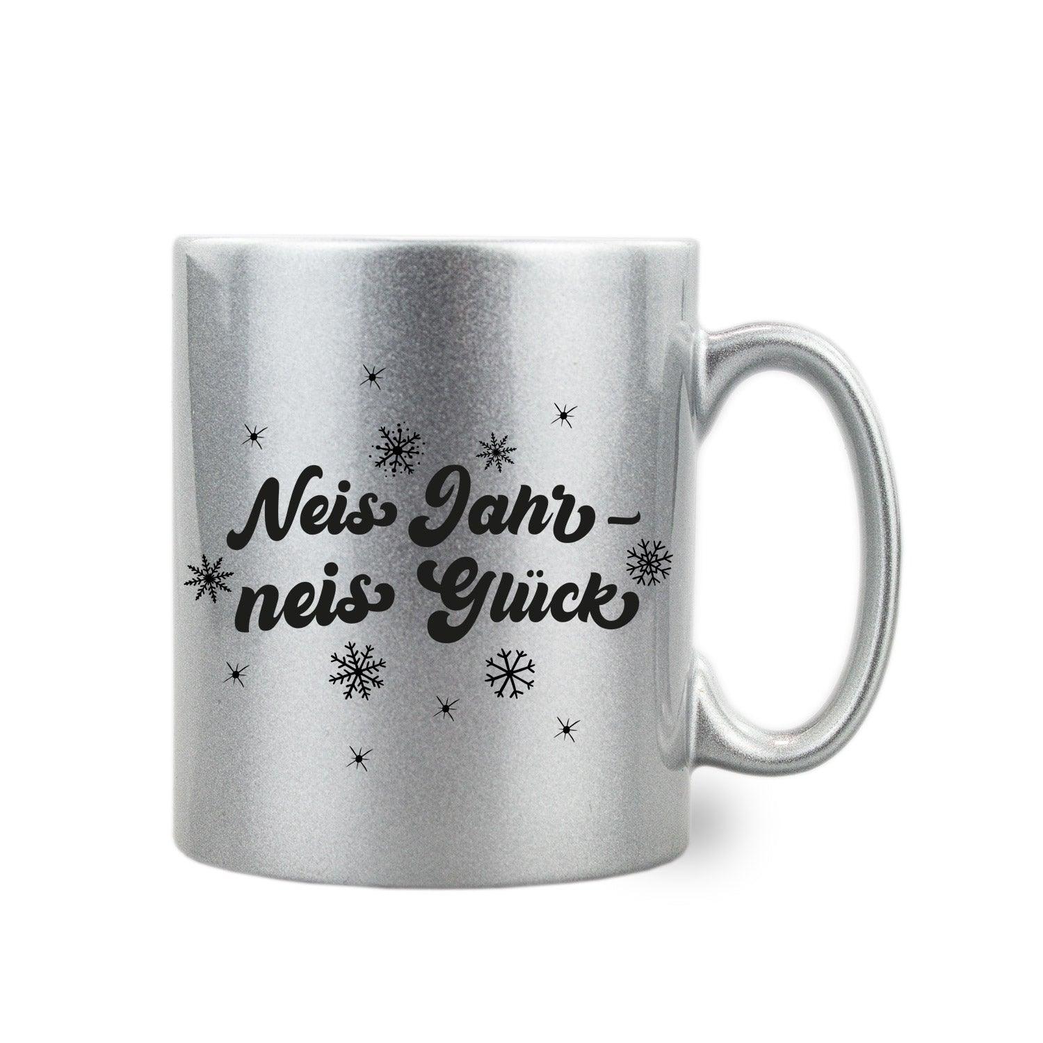 Silber-glitzernde Tasse mit schwarzem Schriftzug „Neis Jahr – neis Glück“ im Thermotransferdruck, 300 ml.