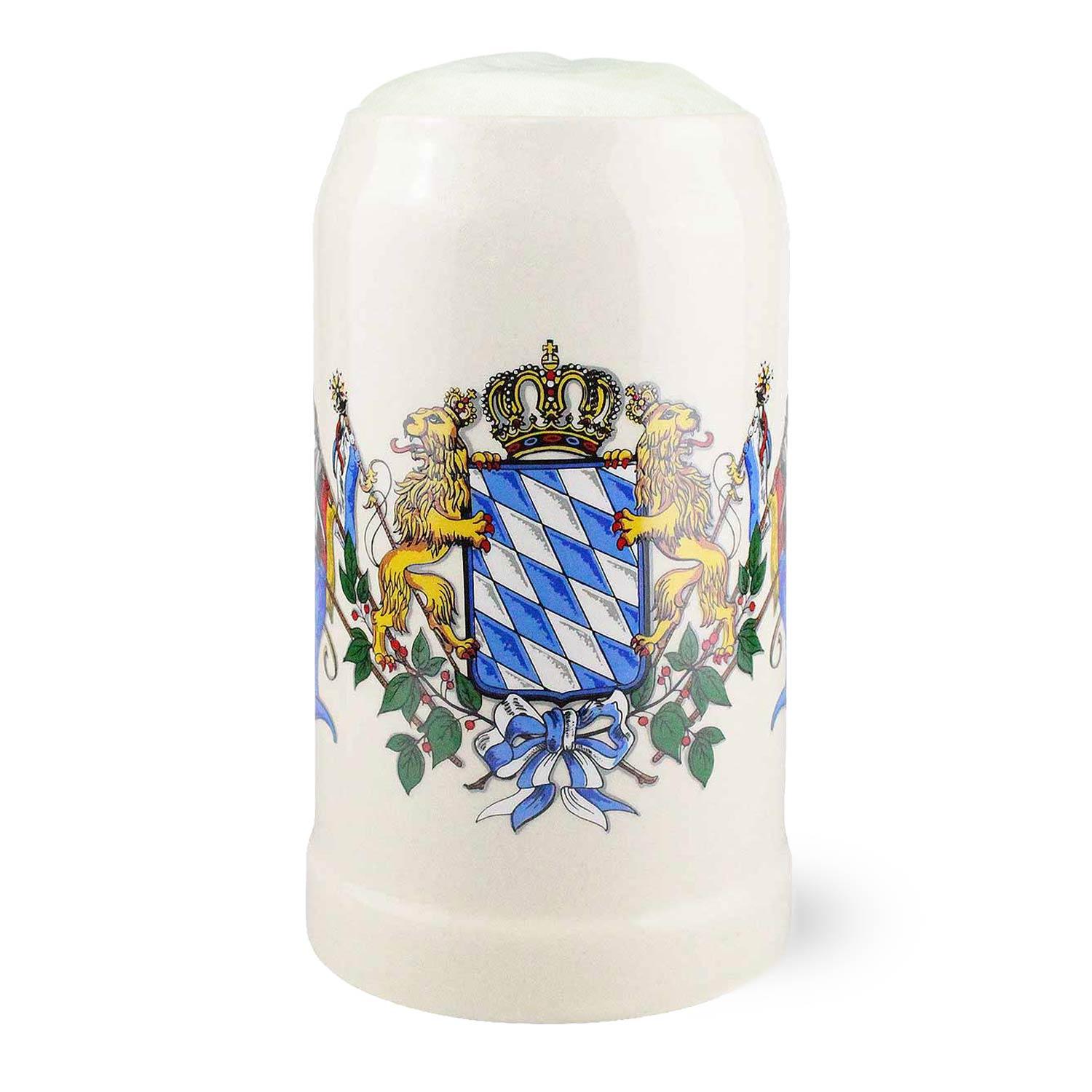 Traditioneller Steinkrug mit bayerischem Rautenmuster, Wappen und Schriftzug, zylindrische Form, grau, 1,0 Liter.