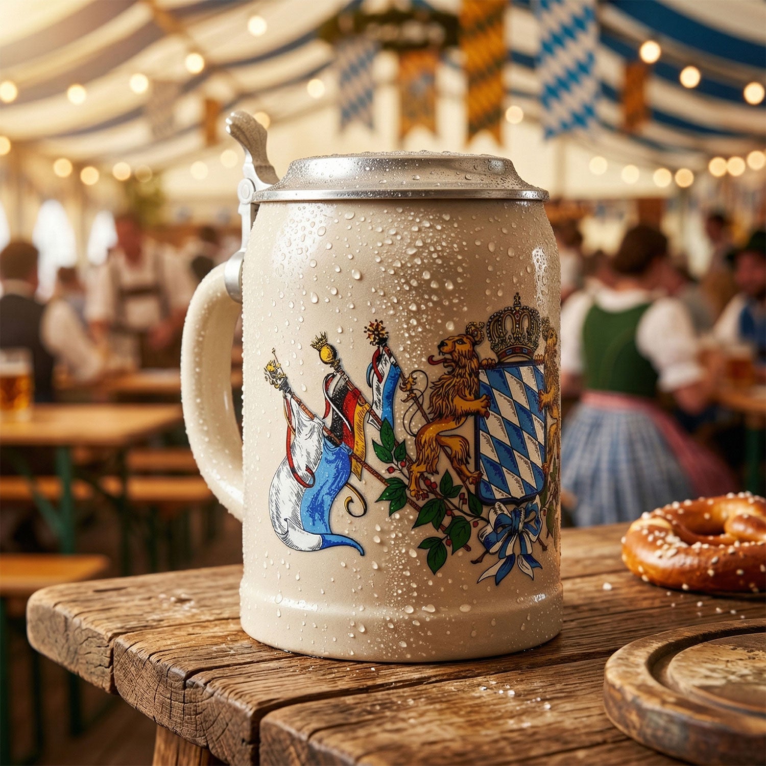 Feucht-kühler Steinkrug Bayern mit detailreichem Wappen und Zinndeckel auf rustikalem Holztisch.