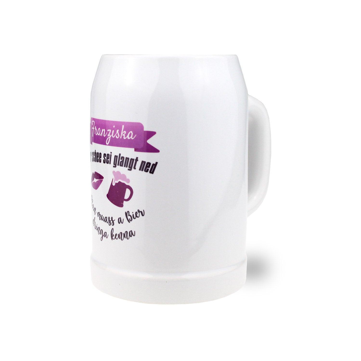 Beiger Steinkrug mit Henkel, rosa Schriftzug „Bierprinzessin“ und individueller Wunschgravur, 0,5 Liter.