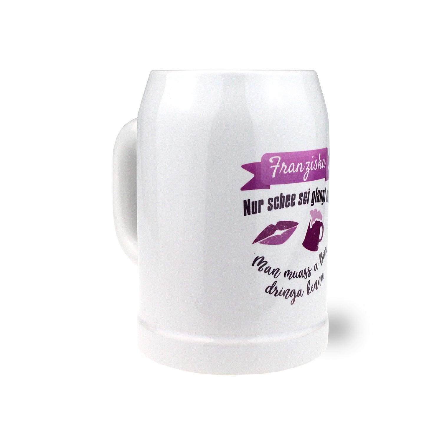 Hellgrauer Steinkrug mit Henkel, rosa Schriftzug „Bierprinzessin“ und individueller Wunschgravur, 0,5 Liter.