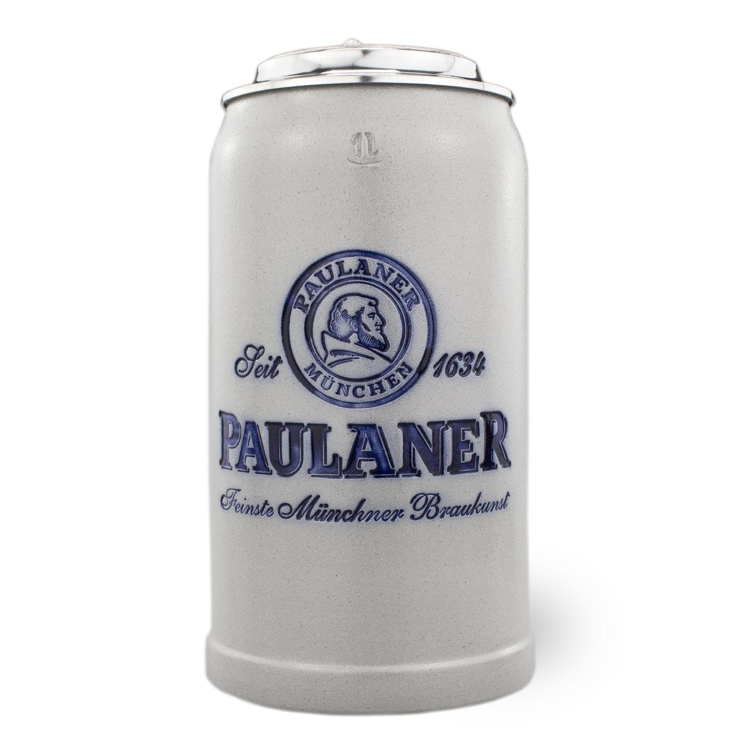 Salzglasierter Bierkrug aus Steingut mit Zinndeckel, Henkel und geprägtem Paulaner-Wappen, grau-blau, 1,0 Liter.
