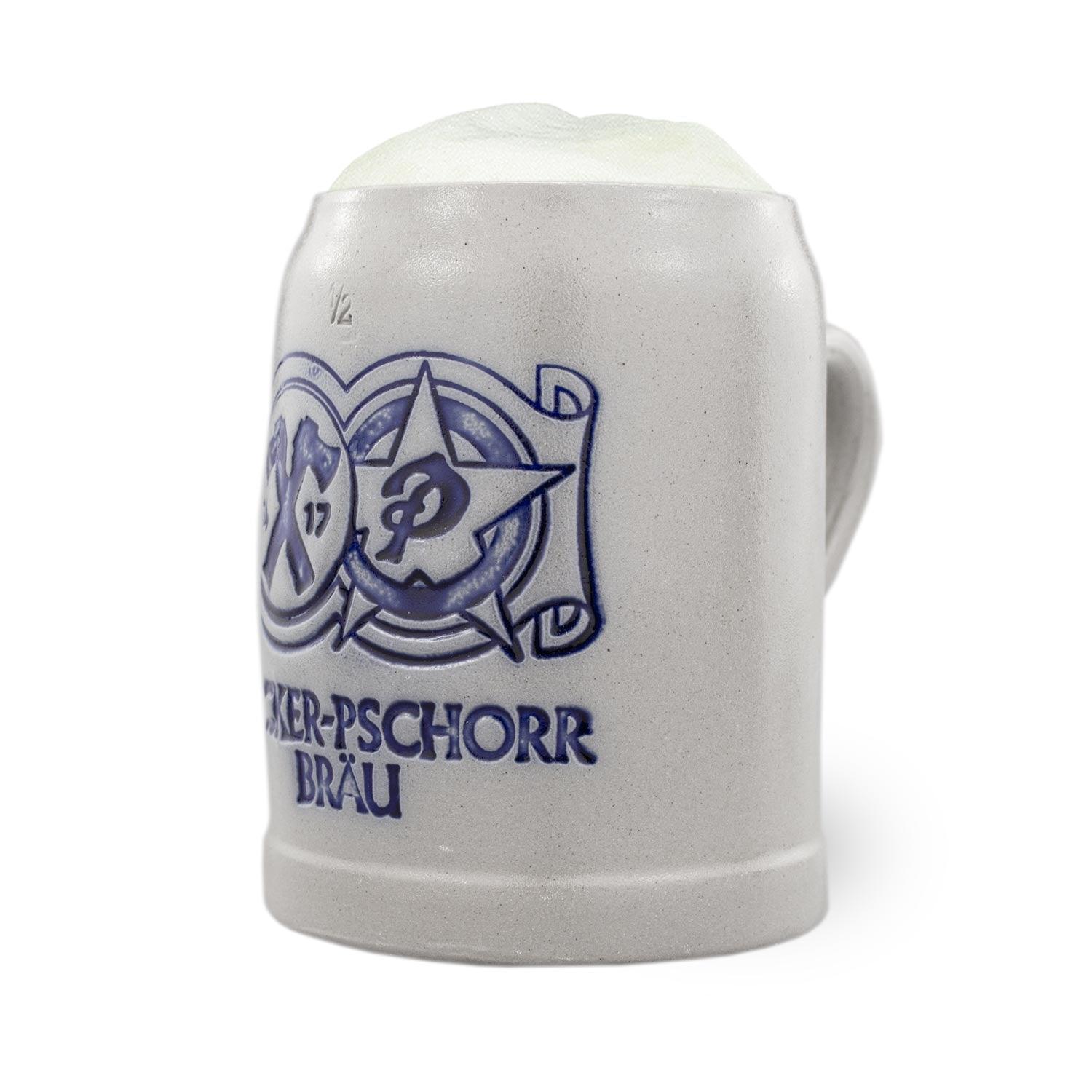 Salzglasierter Steinkrug mit zylindrischer Form, blaugrauem Ton und Aufschrift „Hacker-Pschorr Bräu“, 0,5 Liter, Keramik.