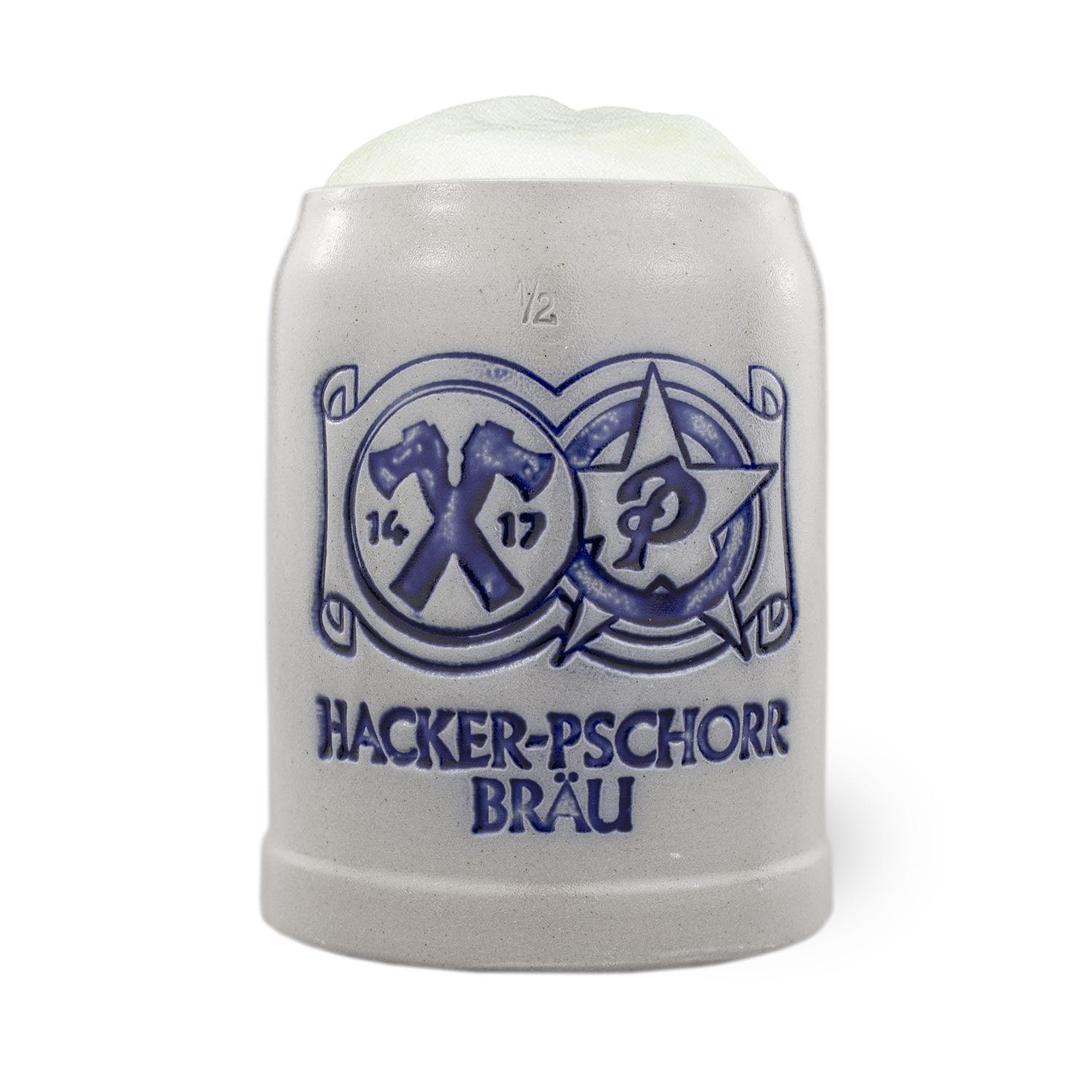 Salzglasierter Bierkrug aus Keramik mit traditionellem Henkel, Logo und Schriftzug "Hacker-Pschorr Bräu", 0,5 Liter.