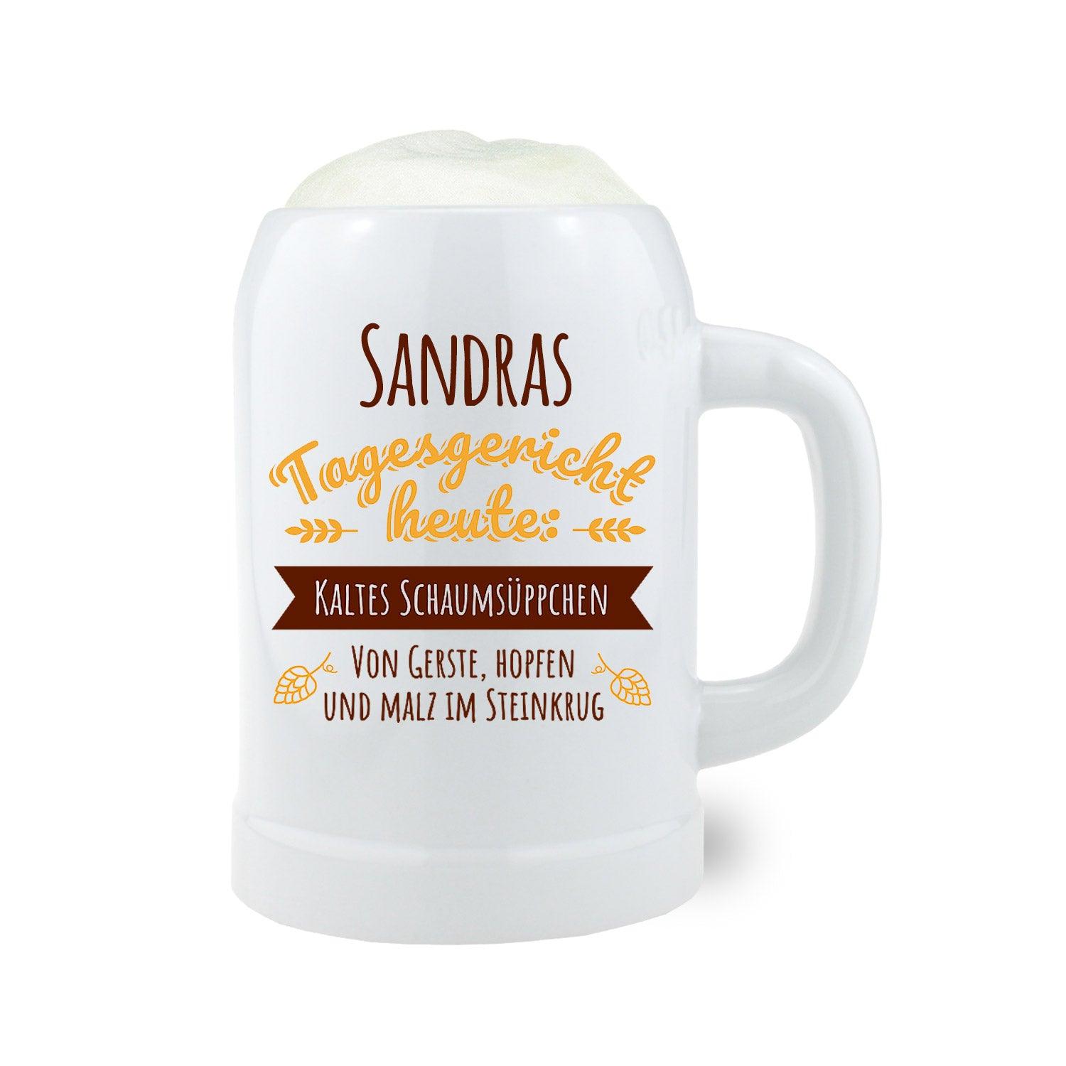Personalisierbarer Bierkrug aus Steinzeug mit Henkel, Gravur „Schaumsüppchen“ und individuellem Namen, beige-grau, 0,5 l.