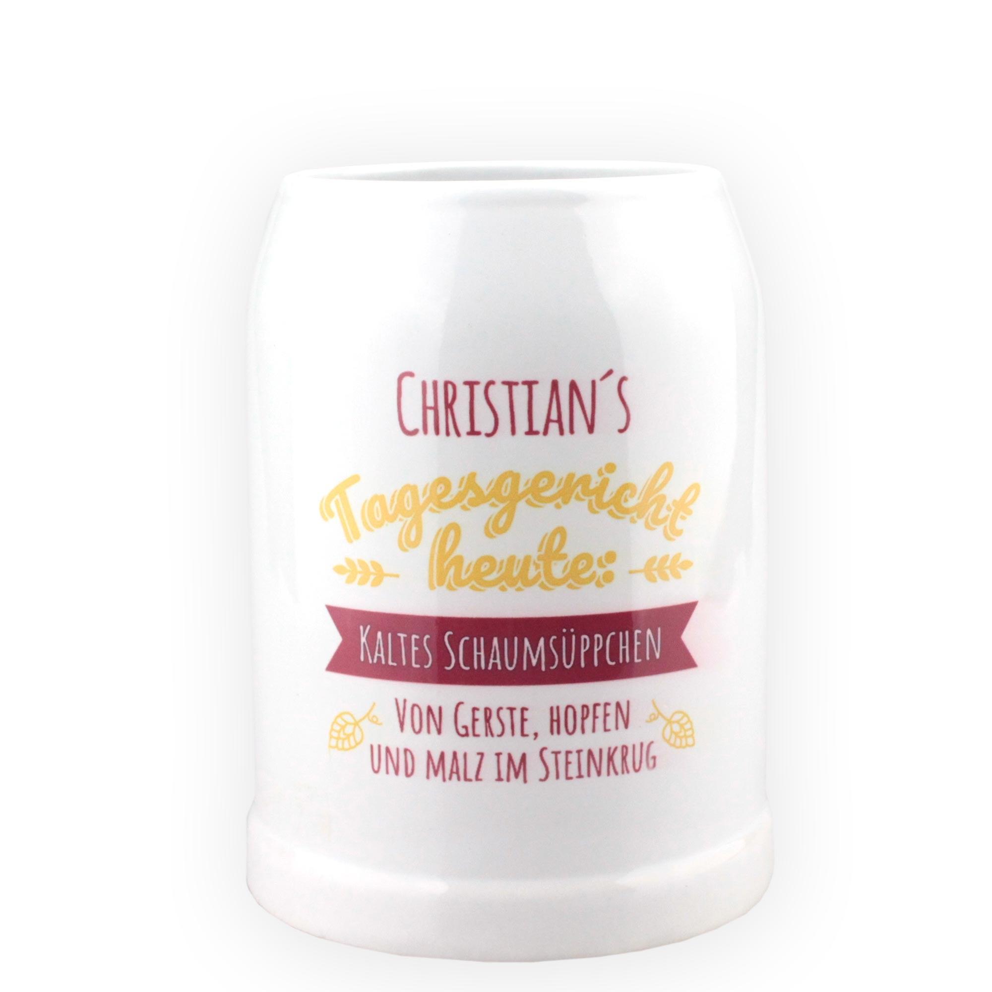 Personalisierbarer Bierkrug aus Steinzeug mit Gravur „Schaumsüppchen“ und individuellem Namen, beige-grau, 0,5 Liter.