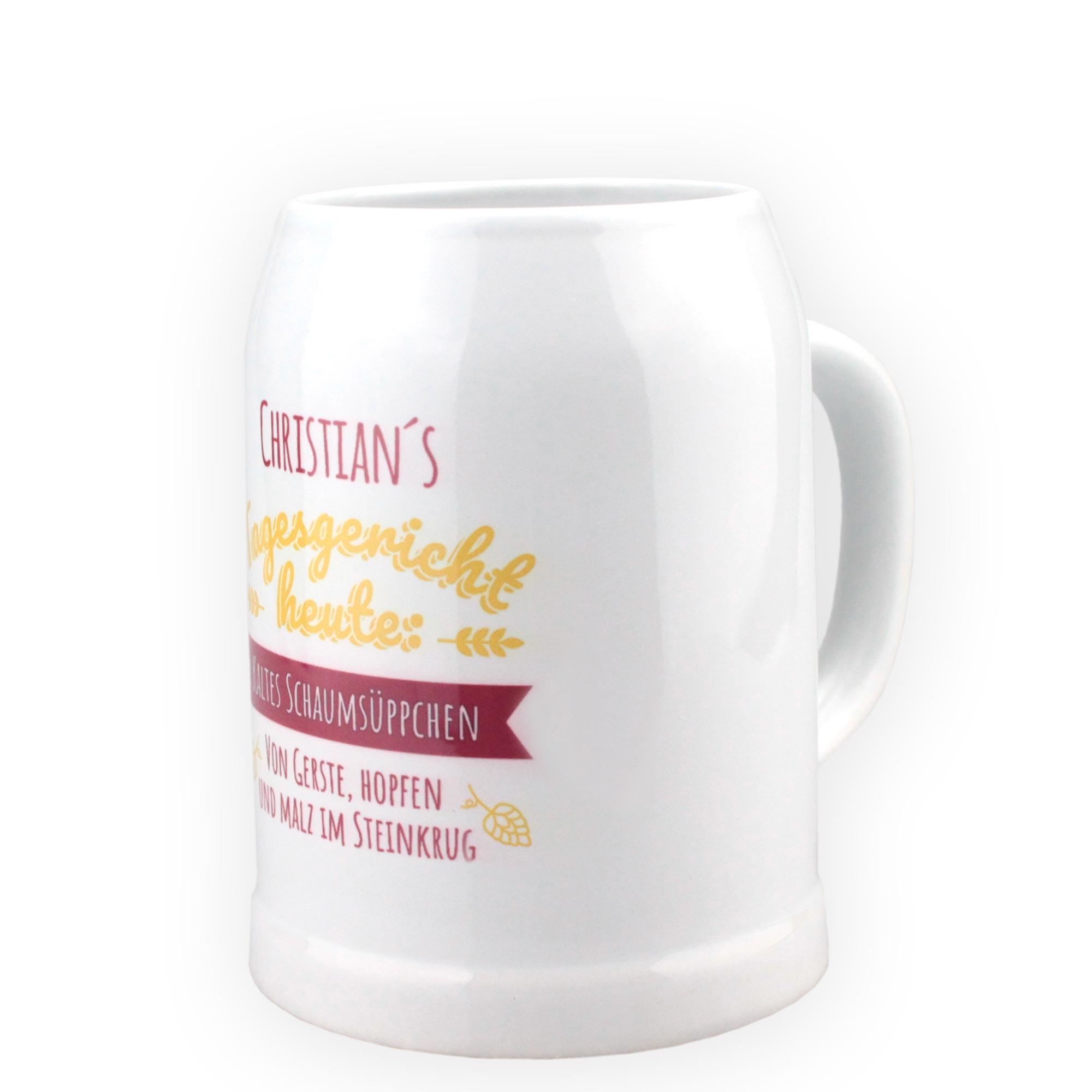 Beiger Steinkrug mit Henkel, graviertem Schriftzug „Schaumsüppchen“ und individualisierbarem Namen, 0,5 Liter.