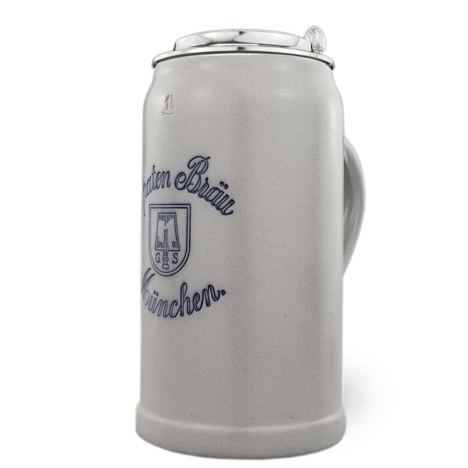 Salzglasierter Steinkrug mit Spaten-Bräu-Logo, Zinndeckel mit Prägung, graublau, zylindrisch, 1,0 Liter.