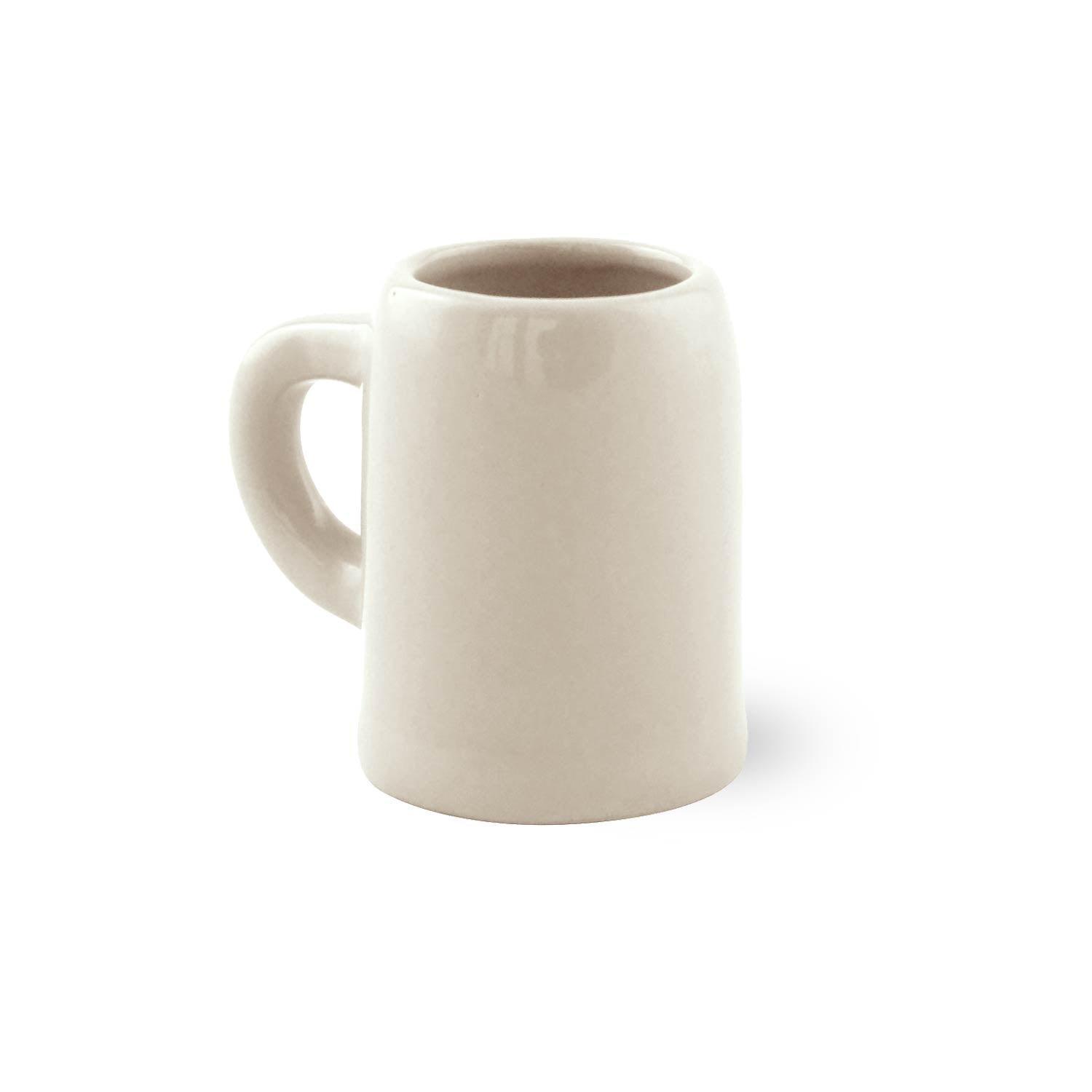 Steinzeug-Stamperl in Beige mit dunkelblauem Schriftzug, zylindrische Form, hochwertige Verarbeitung, 50 ml.