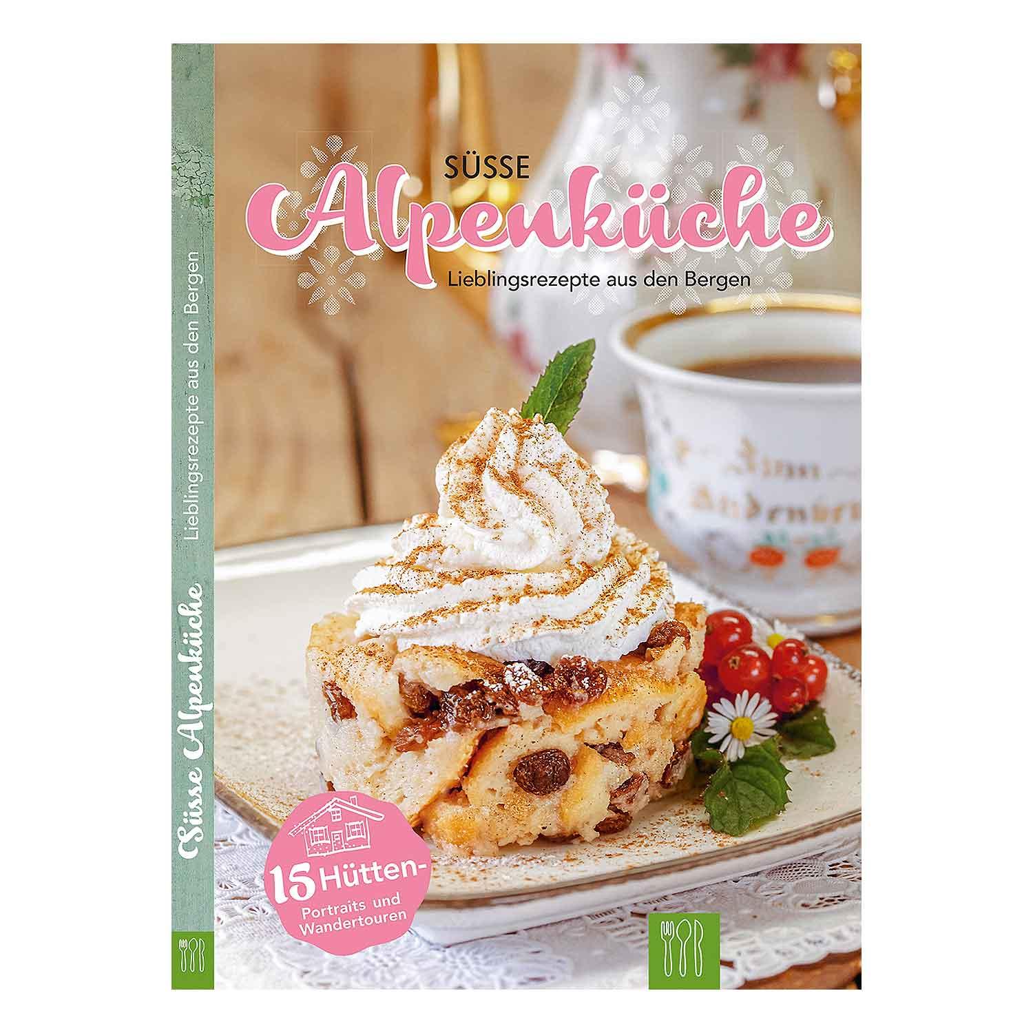 Kochbuch mit über 75 süßen Alpenrezepten, Porträts von 15 Almen, Hardcover mit pastellrotem Titeldruck.