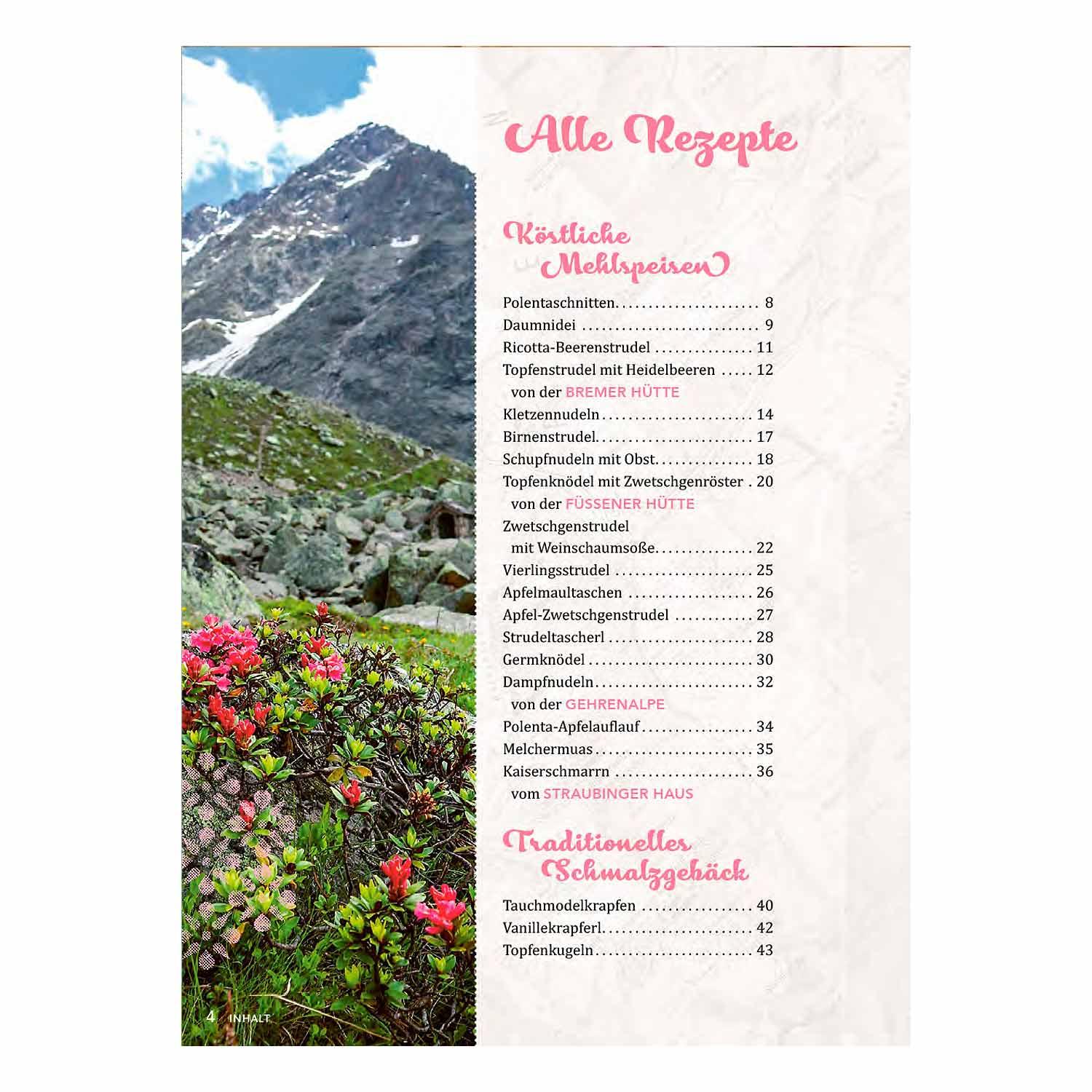 Kochbuch mit über 75 süßen Rezepten und Hüttenportraits, Cover zeigt Kaiserschmarrn auf Holzteller.