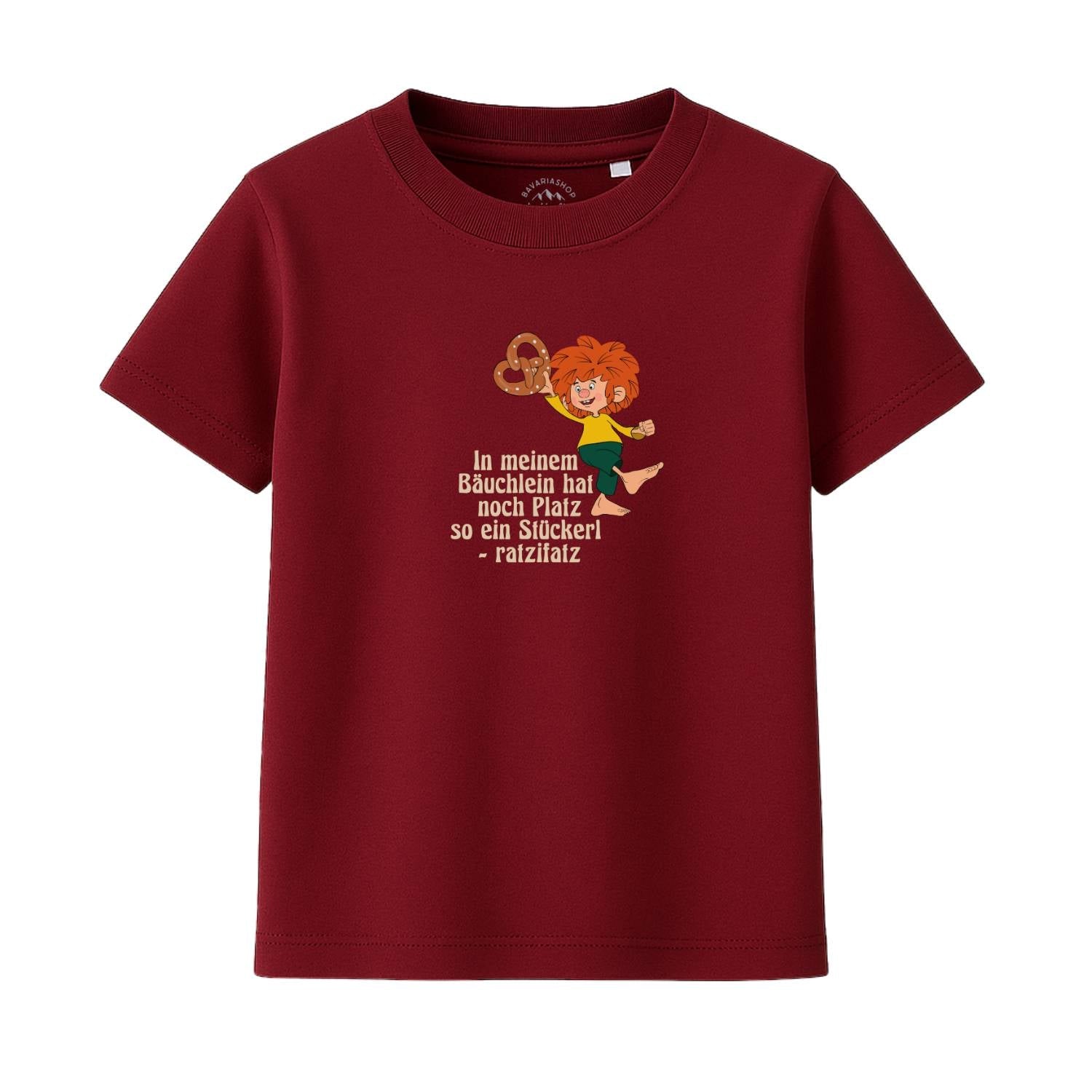 ®Pumuckl Kinder T-Shirt Brezn Stückerl in Burgunderrot mit Pumuckl und Brezelgrafik, passend für Jungen und Mädchen