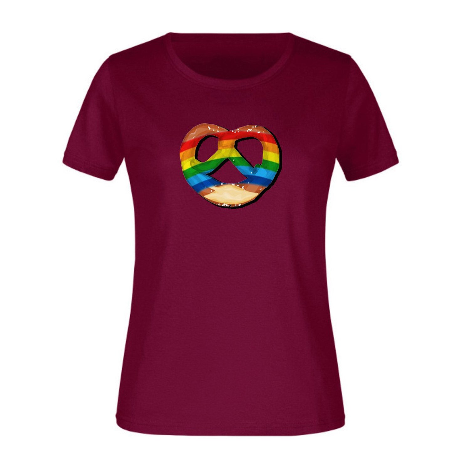 Weinrotes Damen-T-Shirt mit Regenbogen-Brezn-Motiv und weiß-blauem Schriftzug, aus Baumwolle gefertigt.