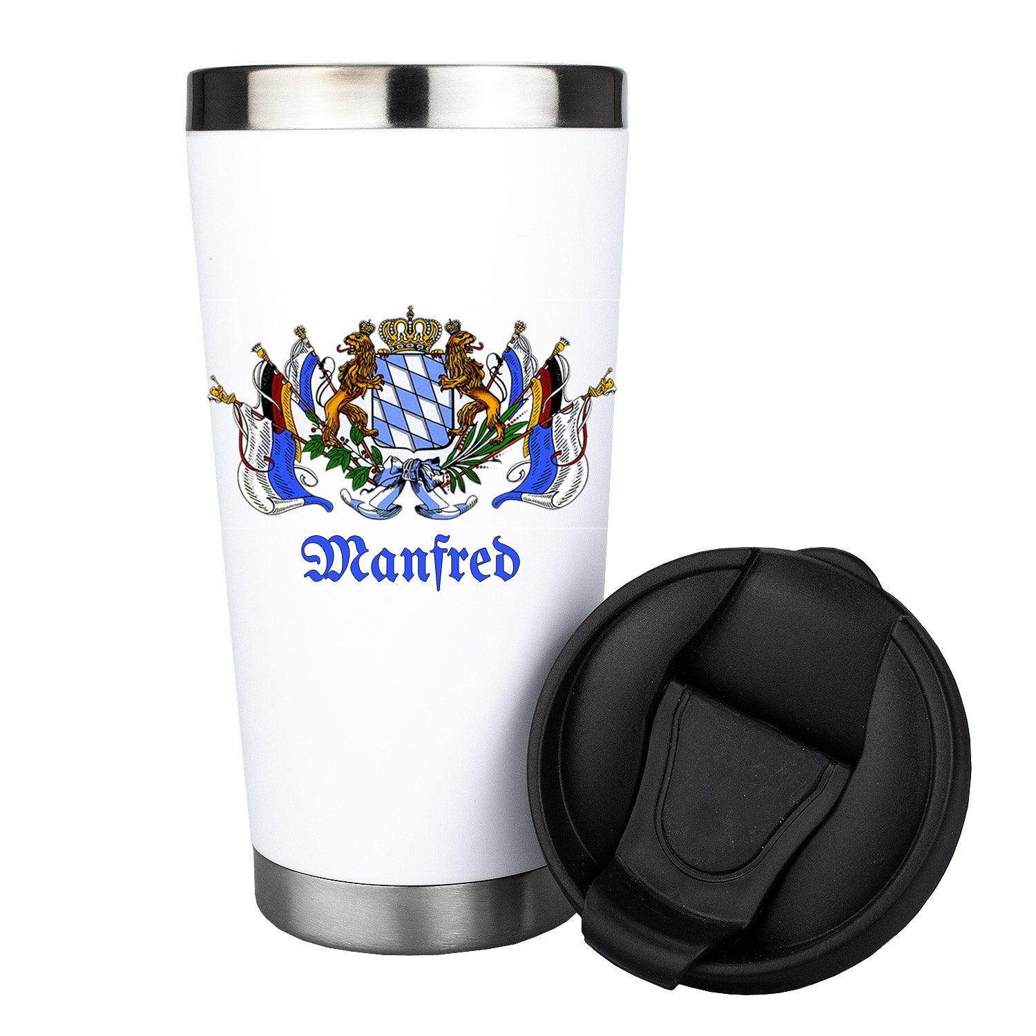 Thermo-Becher mit Bayern-Wappen, Schriftzug „Bayern“, personalisierbar mit Wunschname, 420 ml, bruchfest.