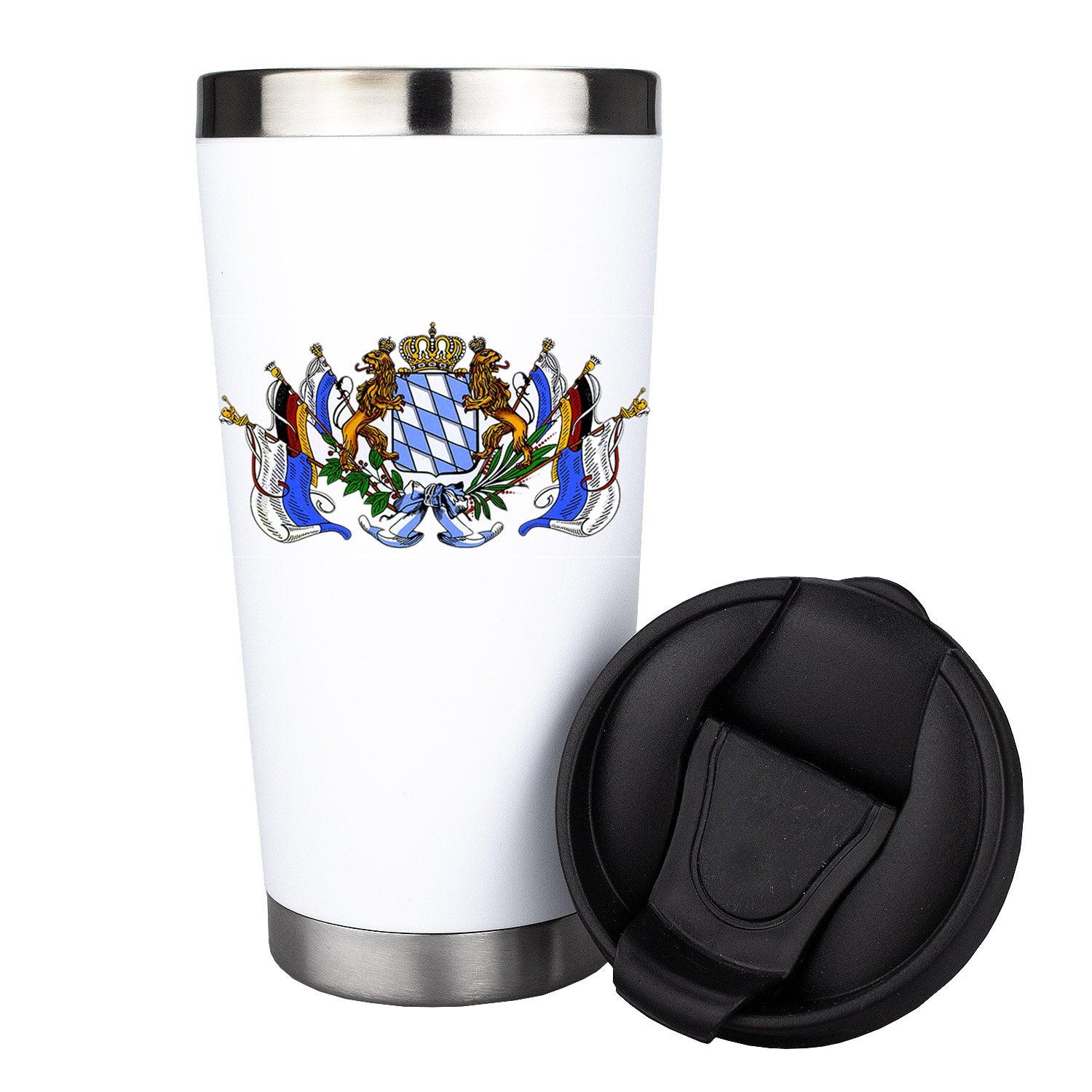 Thermo-Becher mit Bayern-Wappen, Schriftzug „Bayern“ und personalisierbarem Wunschname, 420 ml, bruchfest.